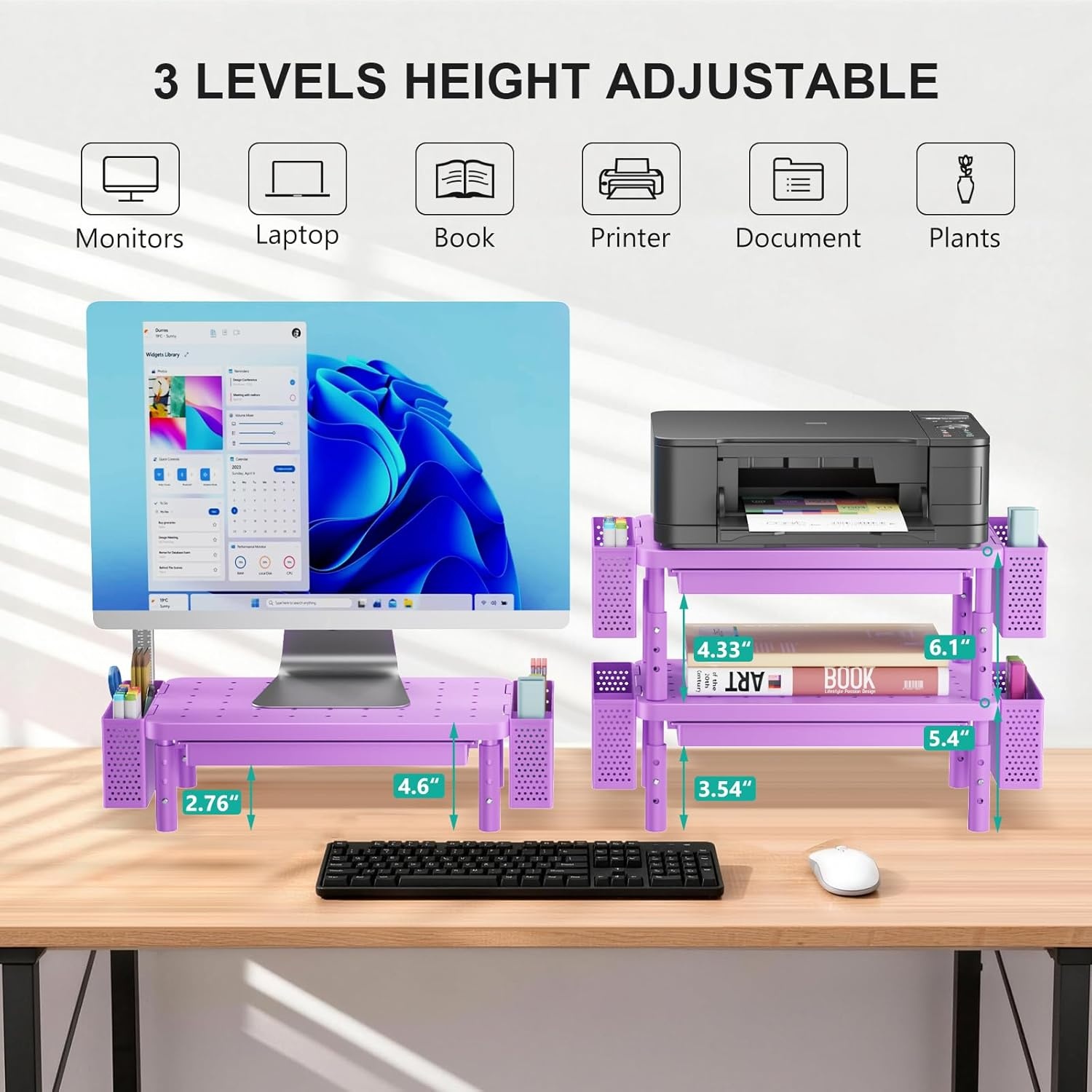 image:imageWALI Dual Monitor Stand for Desk Desk Monitor Riser 3 Height Adjustable Laptop Riser with Airflow Vents Desk Organizer for Computer Laptop Printer Notebook STT0032 2 Pack BlackViolet
