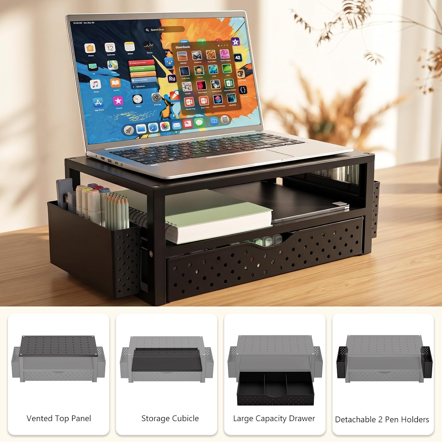 image:imageWALI Dual Monitor Stand for Desk Desk Monitor Riser 3 Height Adjustable Laptop Riser with Airflow Vents Desk Organizer for Computer Laptop Printer Notebook STT0032 2 Pack BlackBlack