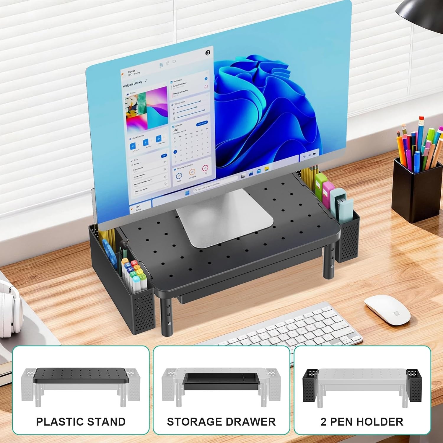 image:imageWALI Dual Monitor Stand for Desk Desk Monitor Riser 3 Height Adjustable Laptop Riser with Airflow Vents Desk Organizer for Computer Laptop Printer Notebook STT0032 2 Pack BlackBlack