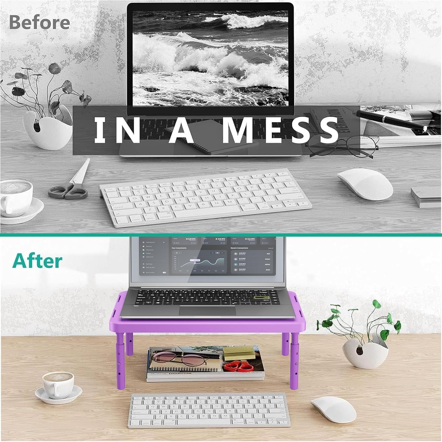 image:imageWALI Dual Monitor Stand for Desk Desk Monitor Riser 3 Height Adjustable Laptop Riser with Airflow Vents Desk Organizer for Computer Laptop Printer Notebook STT0032 2 Pack BlackViolet