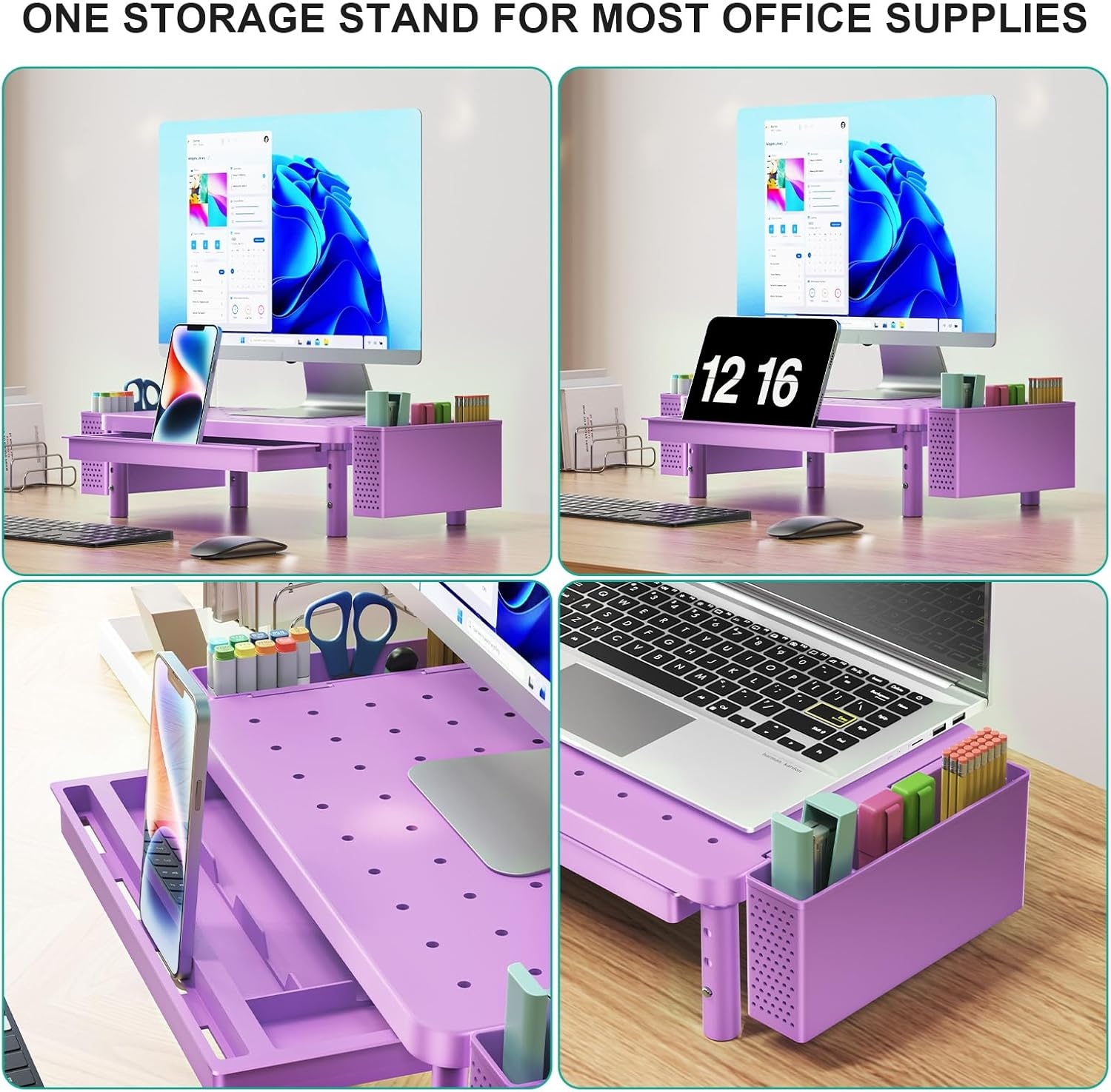 image:imageWALI Dual Monitor Stand for Desk Desk Monitor Riser 3 Height Adjustable Laptop Riser with Airflow Vents Desk Organizer for Computer Laptop Printer Notebook STT0032 2 Pack BlackViolet