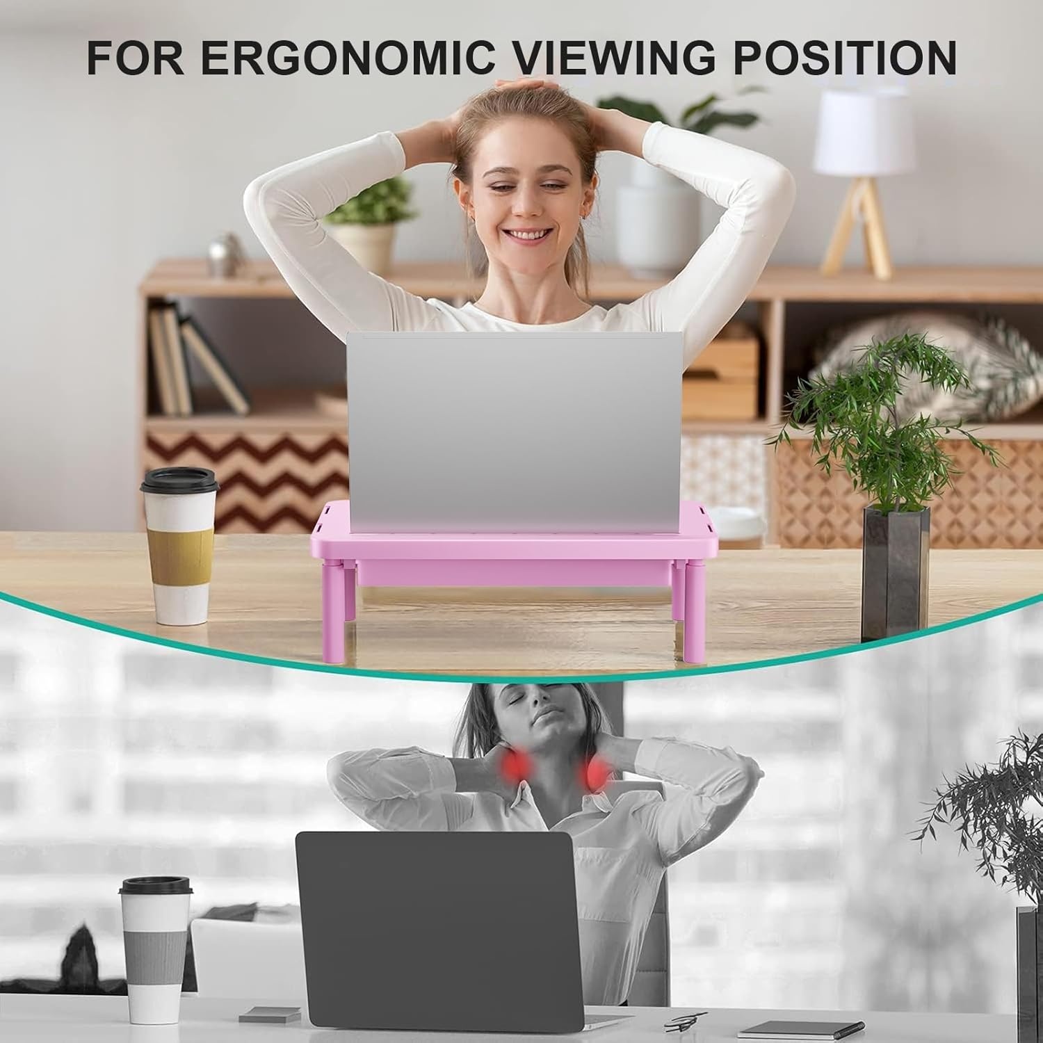 image:imageWALI Dual Monitor Stand for Desk Desk Monitor Riser 3 Height Adjustable Laptop Riser with Airflow Vents Desk Organizer for Computer Laptop Printer Notebook STT0032 2 Pack BlackPink