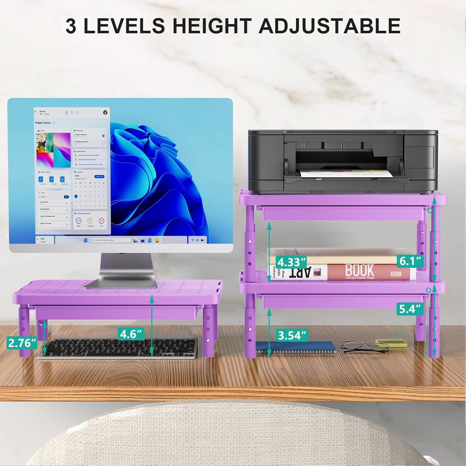 image:imageWALI Dual Monitor Stand for Desk Desk Monitor Riser 3 Height Adjustable Laptop Riser with Airflow Vents Desk Organizer for Computer Laptop Printer Notebook STT0032 2 Pack BlackViolet