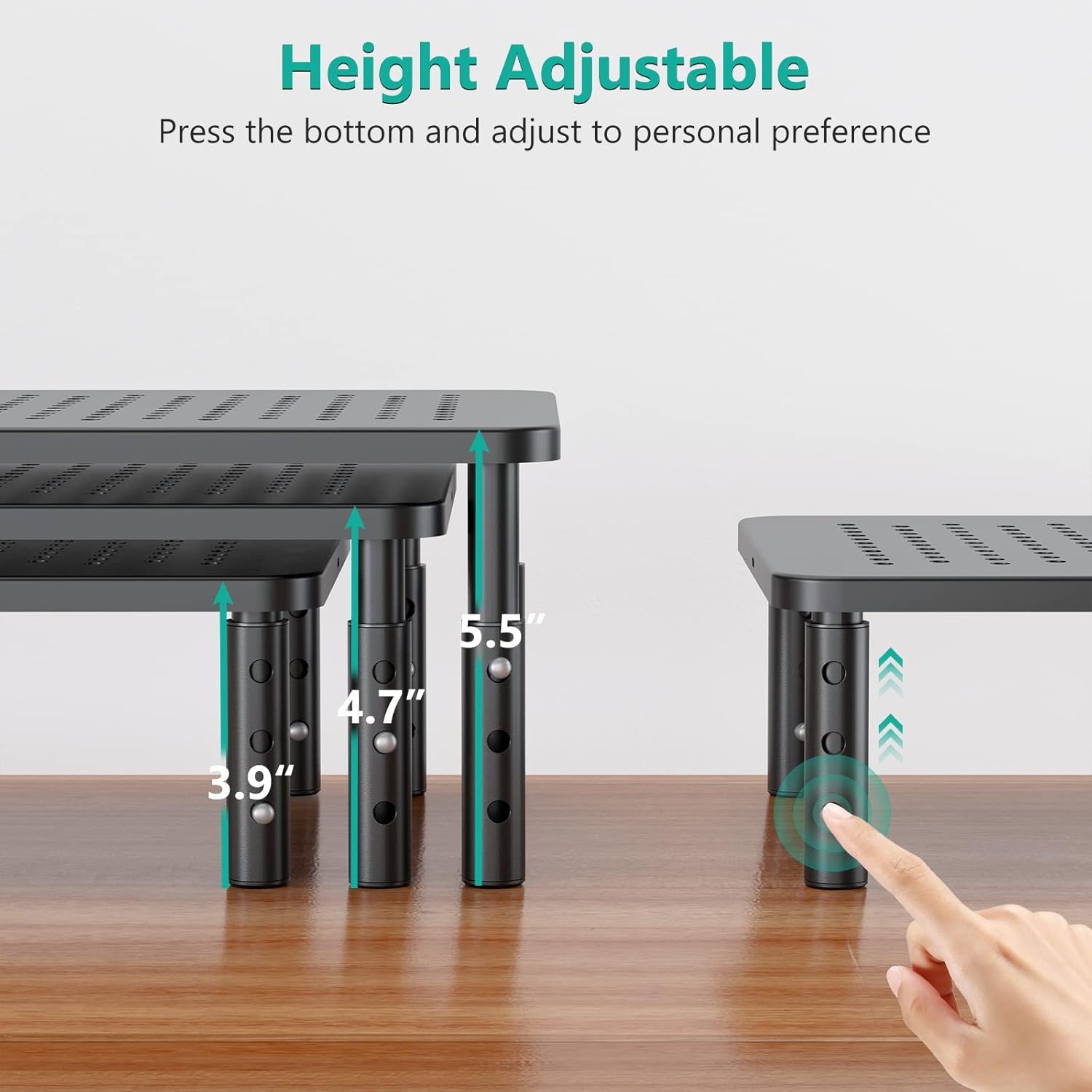 image:imageWALI Dual Monitor Stand for Desk Desk Monitor Riser 3 Height Adjustable Laptop Riser with Airflow Vents Desk Organizer for Computer Laptop Printer Notebook STT0032 2 Pack BlackMetal Black