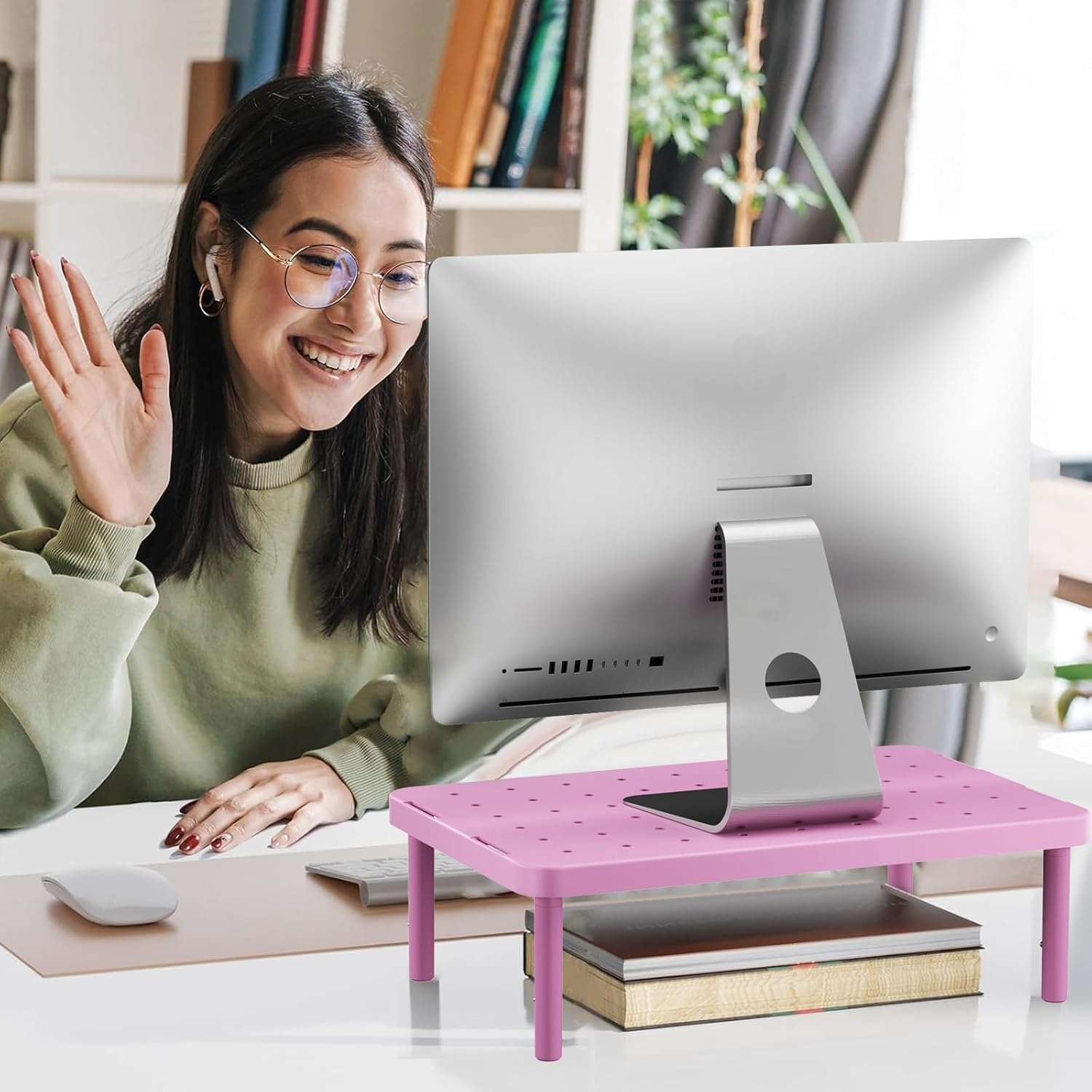 image:imageWALI Dual Monitor Stand for Desk Desk Monitor Riser 3 Height Adjustable Laptop Riser with Airflow Vents Desk Organizer for Computer Laptop Printer Notebook STT0032 2 Pack BlackPink