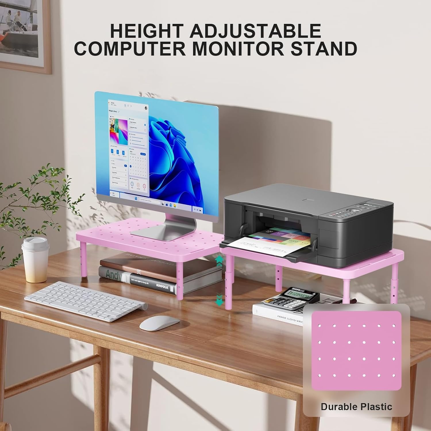 image:imageWALI Dual Monitor Stand for Desk Desk Monitor Riser 3 Height Adjustable Laptop Riser with Airflow Vents Desk Organizer for Computer Laptop Printer Notebook STT0032 2 Pack BlackPink