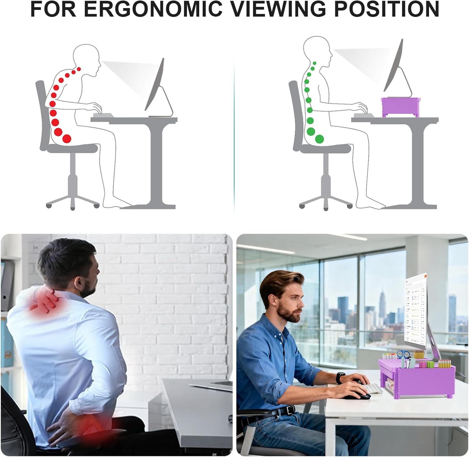 image:imageWALI Dual Monitor Stand for Desk Desk Monitor Riser 3 Height Adjustable Laptop Riser with Airflow Vents Desk Organizer for Computer Laptop Printer Notebook STT0032 2 Pack BlackViolet