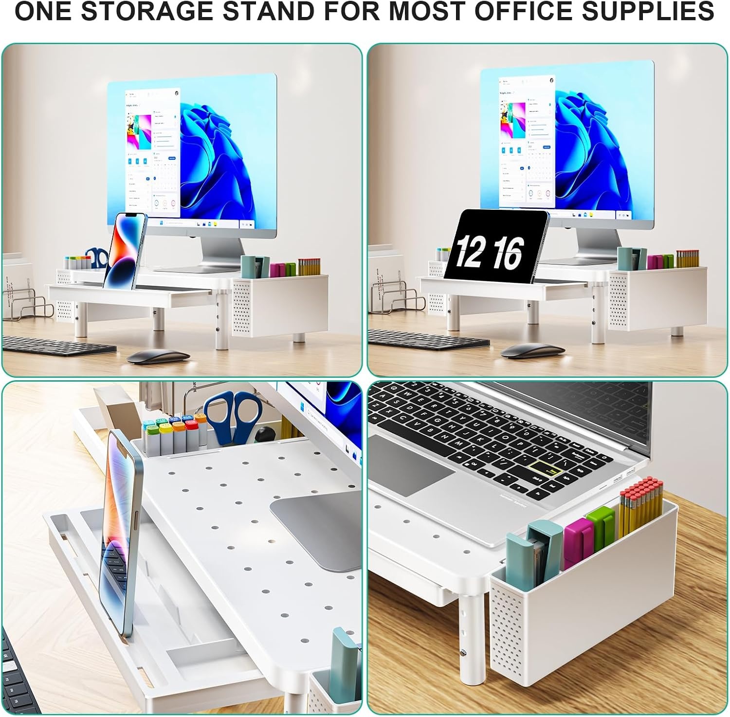 image:imageWALI Dual Monitor Stand for Desk Desk Monitor Riser 3 Height Adjustable Laptop Riser with Airflow Vents Desk Organizer for Computer Laptop Printer Notebook STT0032 2 Pack BlackWhite