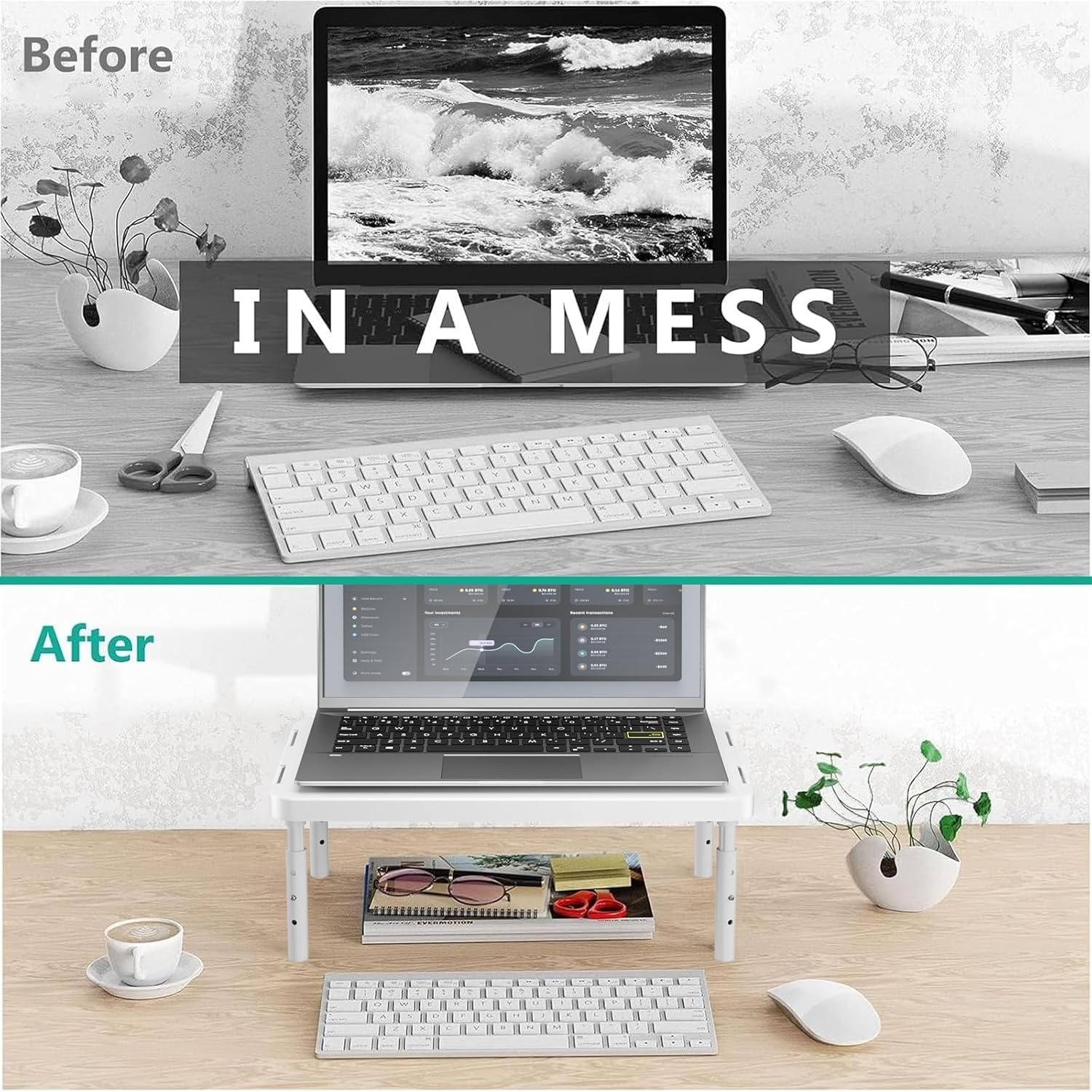 image:imageWALI Dual Monitor Stand for Desk Desk Monitor Riser 3 Height Adjustable Laptop Riser with Airflow Vents Desk Organizer for Computer Laptop Printer Notebook STT0032 2 Pack BlackWhite