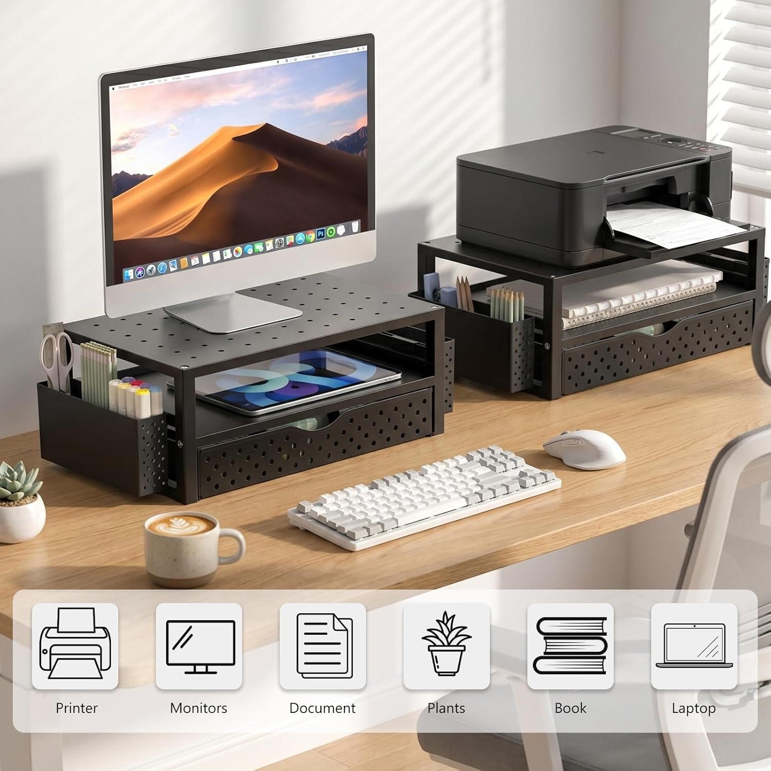 image:imageWALI Dual Monitor Stand for Desk Desk Monitor Riser 3 Height Adjustable Laptop Riser with Airflow Vents Desk Organizer for Computer Laptop Printer Notebook STT0032 2 Pack BlackBlack