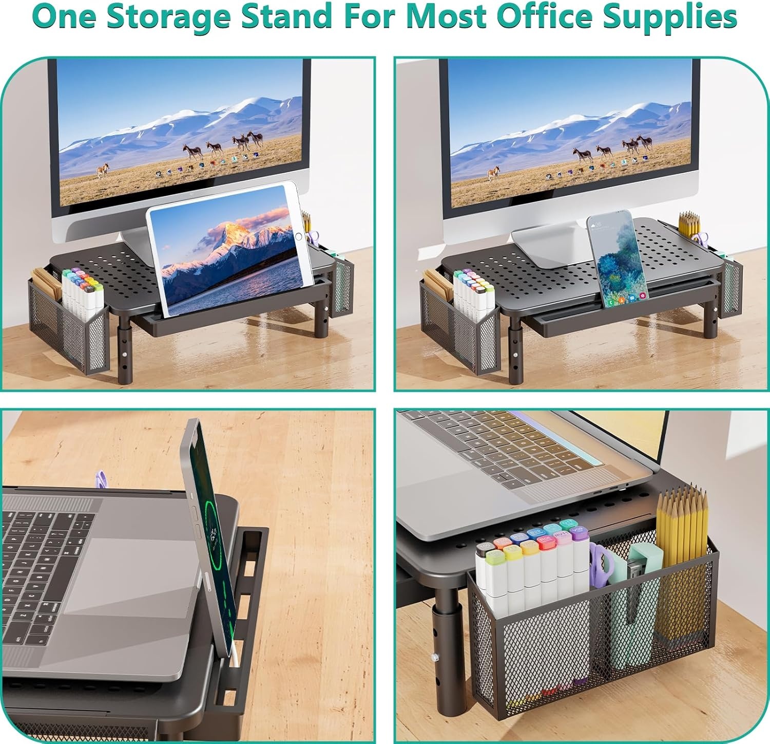 image:imageWALI Dual Monitor Stand with Storage Desk Organizer with Drawer and Pen Holder Desk Monitor Riser 3 Height Adjustable Laptop Riser for Computer Laptop Printer STT003DH2B 2 Pack Black