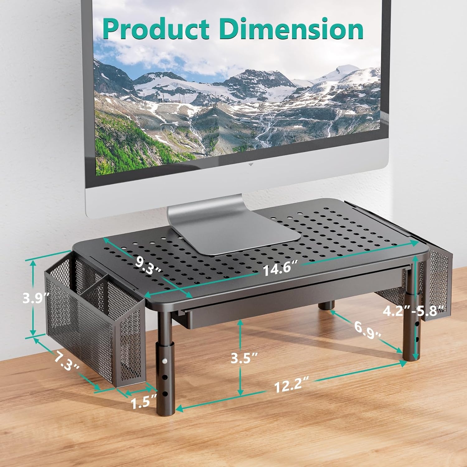 image:imageWALI Dual Monitor Stand with Storage Desk Organizer with Drawer and Pen Holder Desk Monitor Riser 3 Height Adjustable Laptop Riser for Computer Laptop Printer STT003DH2B 2 Pack Black