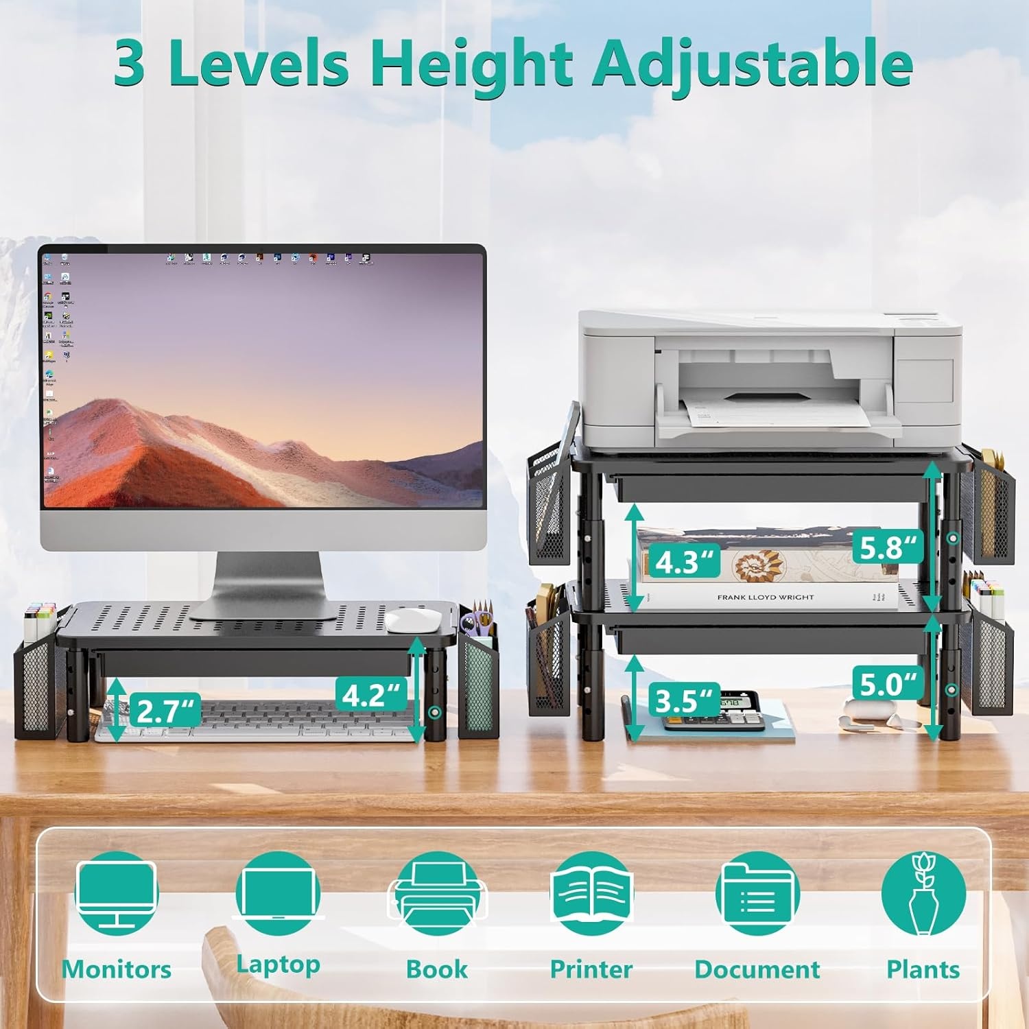 image:imageWALI Dual Monitor Stand with Storage Desk Organizer with Drawer and Pen Holder Desk Monitor Riser 3 Height Adjustable Laptop Riser for Computer Laptop Printer STT003DH2B 2 Pack Black