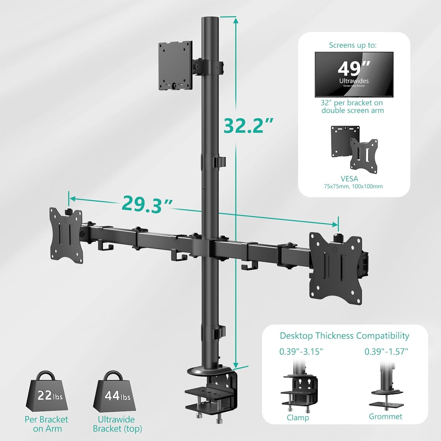 image:imageWALI Extra Tall Dual LCD Monitor Fully Adjustable Desk Mount Fits 2 Screens up to 27 inch 22 lbs Weight Capacity per Arm M002XL Black1349