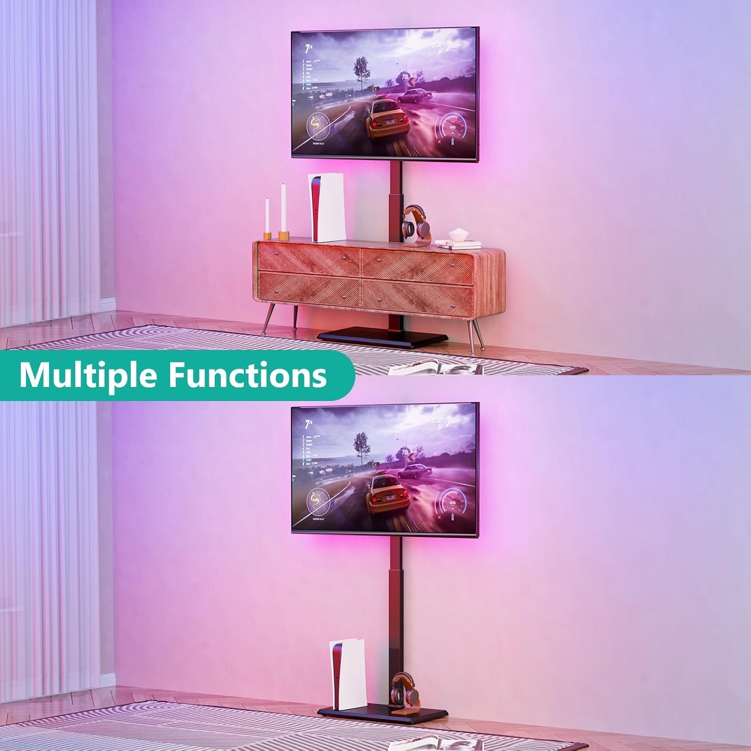 image:imageWALI Floor TV Stand with LED Lights Tall TV Stand Mount for 3275 inch TV up to 110 lbs Swivel and Height Adjustable TV Stands with Wood Base for Bedroom OfficeTVDVD7L Black
