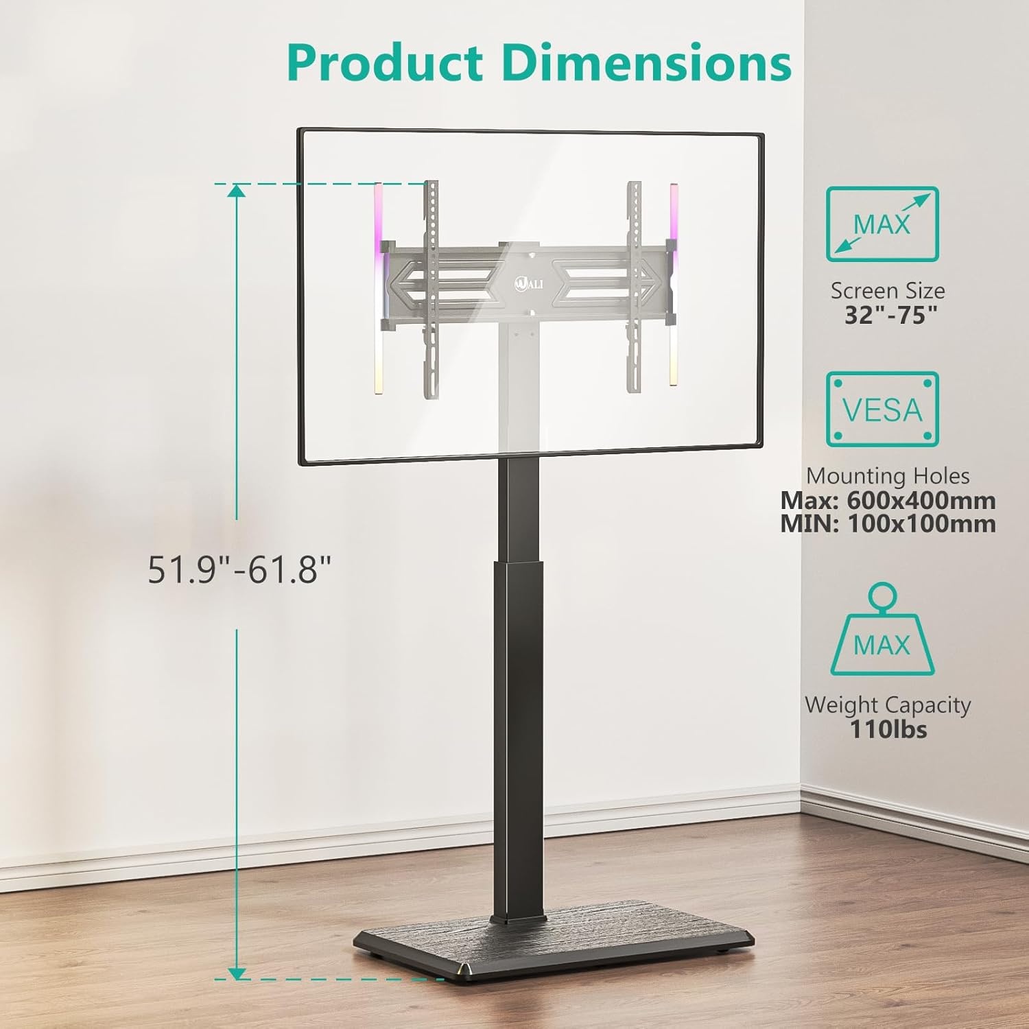 image:imageWALI Floor TV Stand with LED Lights Tall TV Stand Mount for 3275 inch TV up to 110 lbs Swivel and Height Adjustable TV Stands with Wood Base for Bedroom OfficeTVDVD7L Black