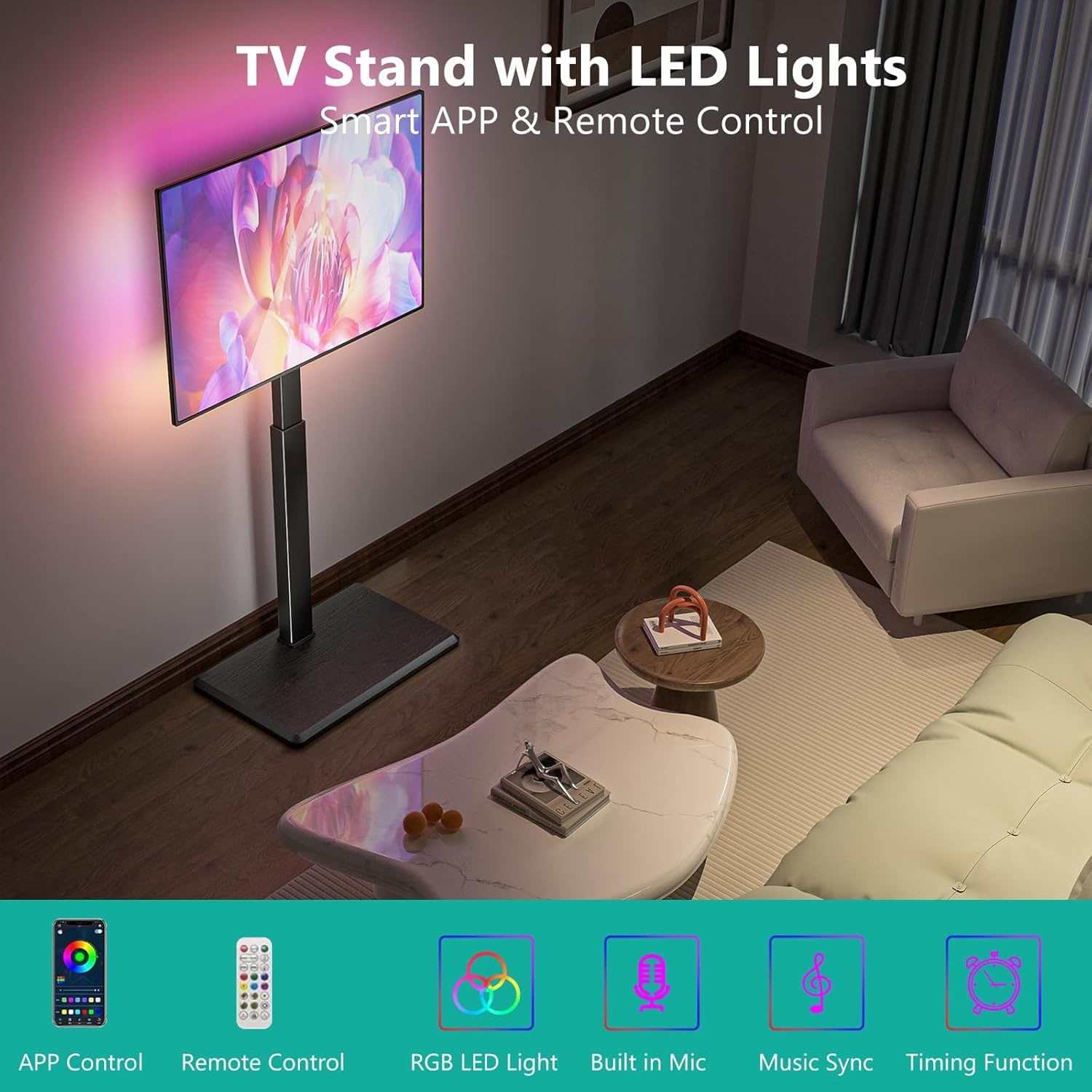 image:imageWALI Floor TV Stand with LED Lights Tall TV Stand Mount for 3275 inch TV up to 110 lbs Swivel and Height Adjustable TV Stands with Wood Base for Bedroom OfficeTVDVD7L Black