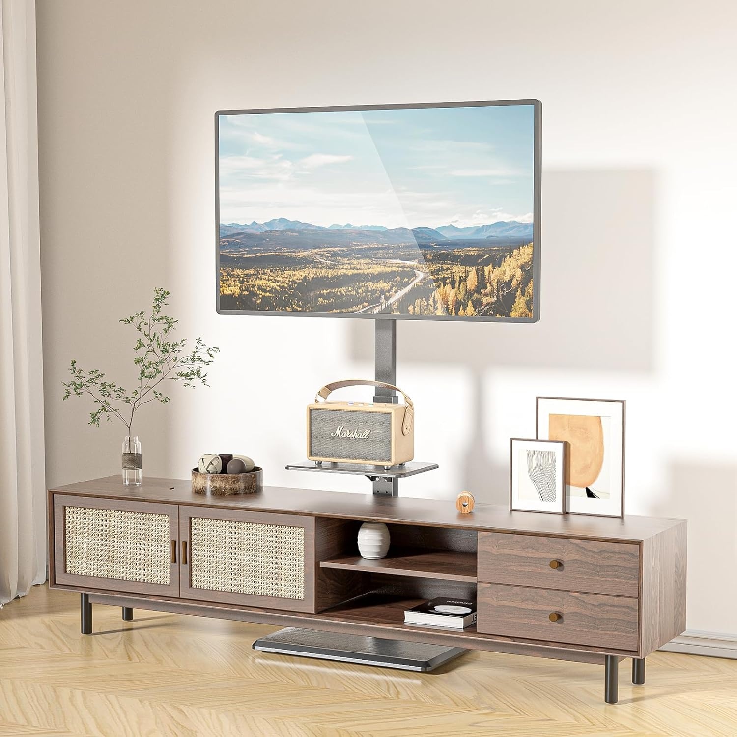 image:imageWALI Floor TV Stand with Power Outlet Tall TV Stand Mount for 3275 inch TV up to 110 lbs Swivel and Height Adjustable TV Stands with Wood Base for Bedroom Living RoomTVDVD7P BlackBlack