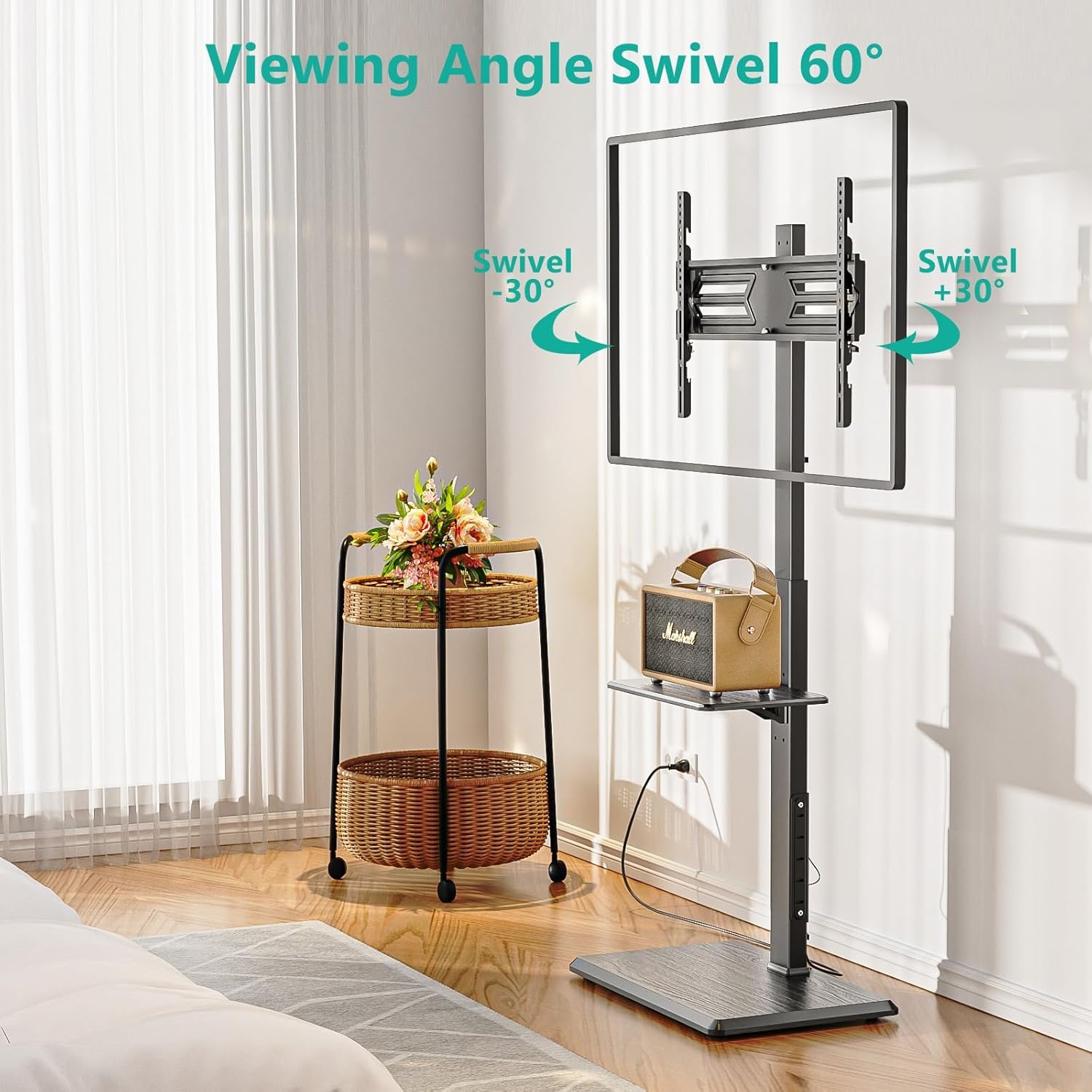 image:imageWALI Floor TV Stand with Power Outlet Tall TV Stand Mount for 3275 inch TV up to 110 lbs Swivel and Height Adjustable TV Stands with Wood Base for Bedroom Living RoomTVDVD7P BlackBlack