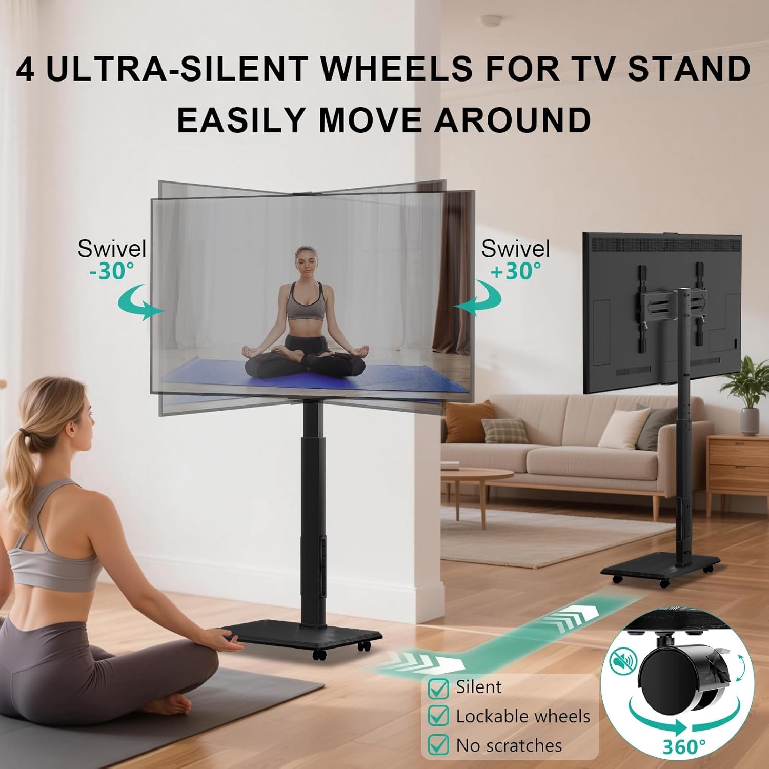 image:imageWALI Floor TV Stand with Power Outlet Tall TV Stand Mount for 3275 inch TV up to 110 lbs Swivel and Height Adjustable TV Stands with Wood Base for Bedroom Living RoomTVDVD7P BlackBlack