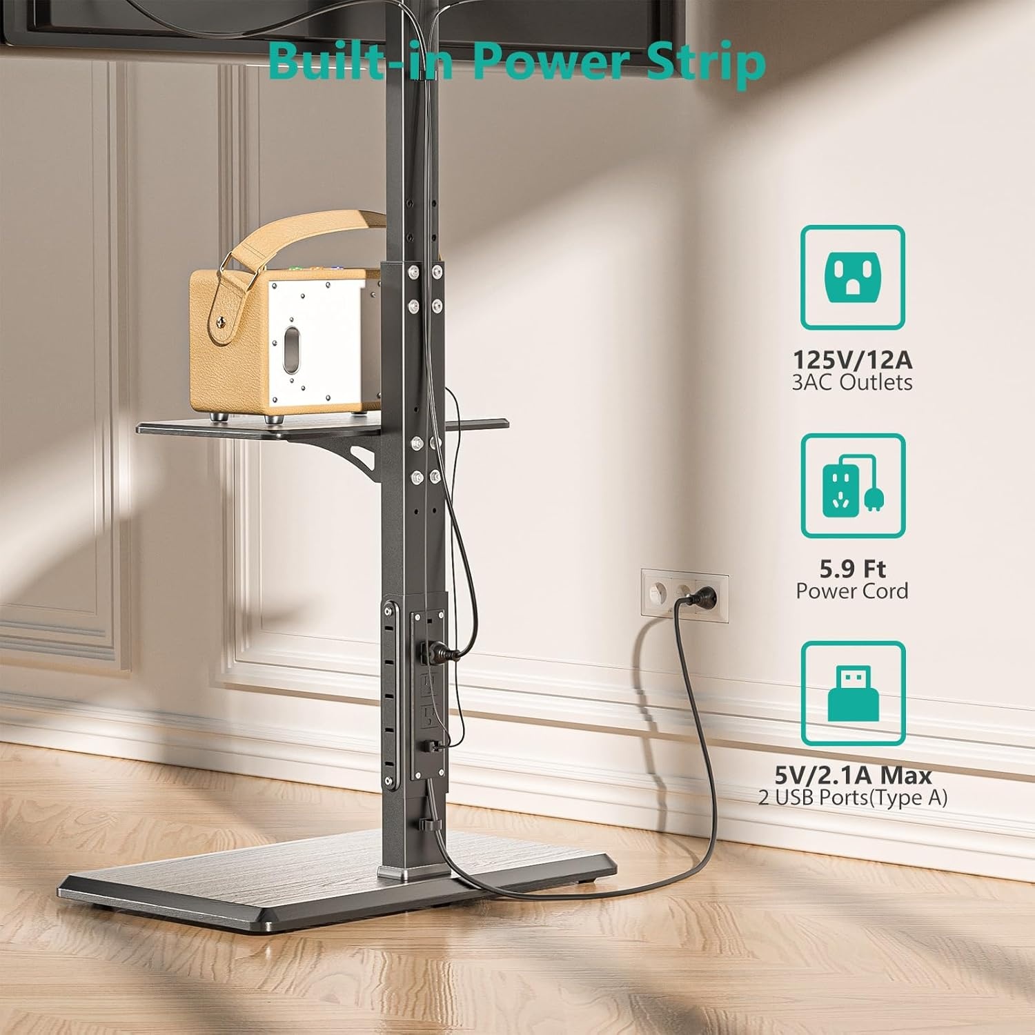 image:imageWALI Floor TV Stand with Power Outlet Tall TV Stand Mount for 3275 inch TV up to 110 lbs Swivel and Height Adjustable TV Stands with Wood Base for Bedroom Living RoomTVDVD7P BlackBlack