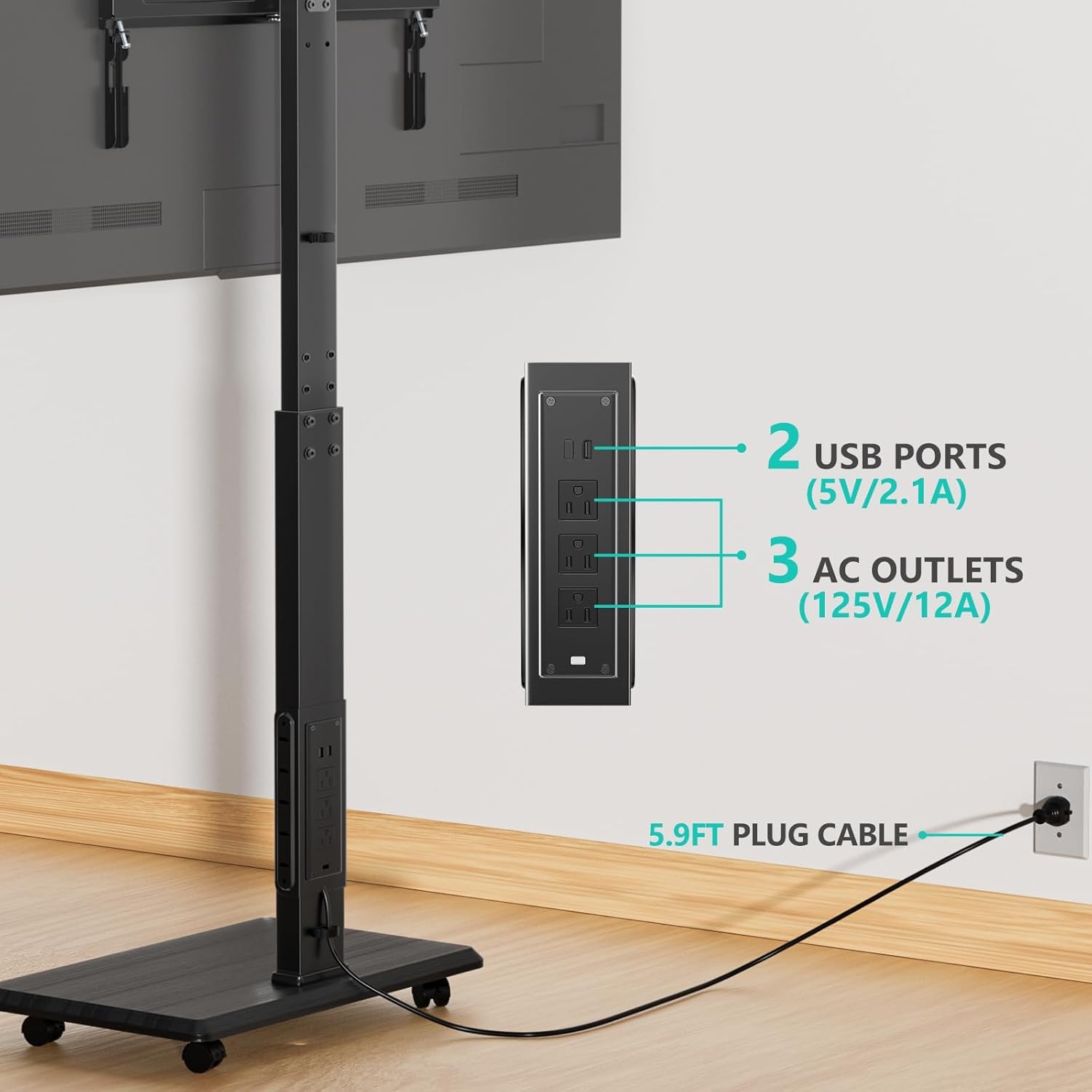 image:imageWALI Floor TV Stand with Power Outlet Tall TV Stand Mount for 3275 inch TV up to 110 lbs Swivel and Height Adjustable TV Stands with Wood Base for Bedroom Living RoomTVDVD7P BlackBlack