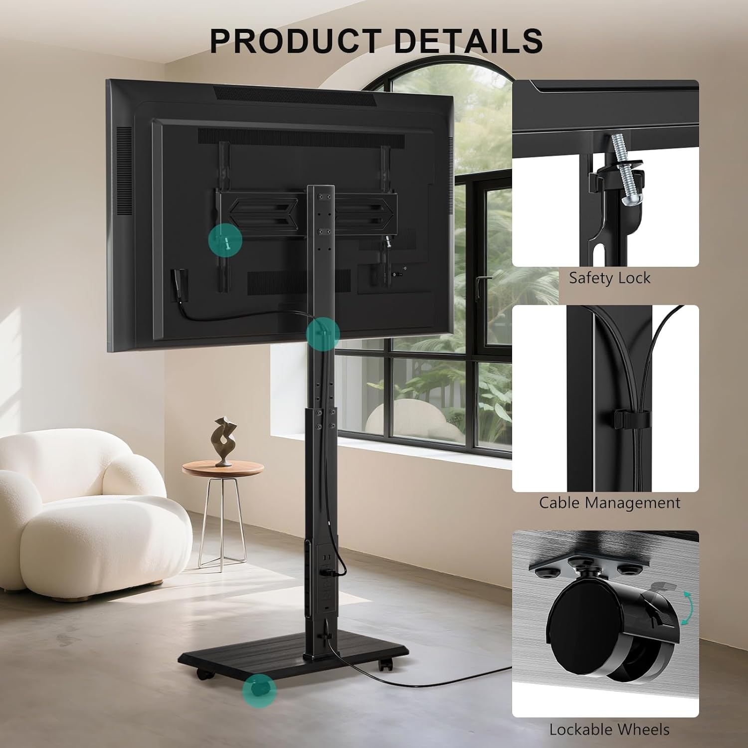 image:imageWALI Floor TV Stand with Power Outlet Tall TV Stand Mount for 3275 inch TV up to 110 lbs Swivel and Height Adjustable TV Stands with Wood Base for Bedroom Living RoomTVDVD7P BlackBlack