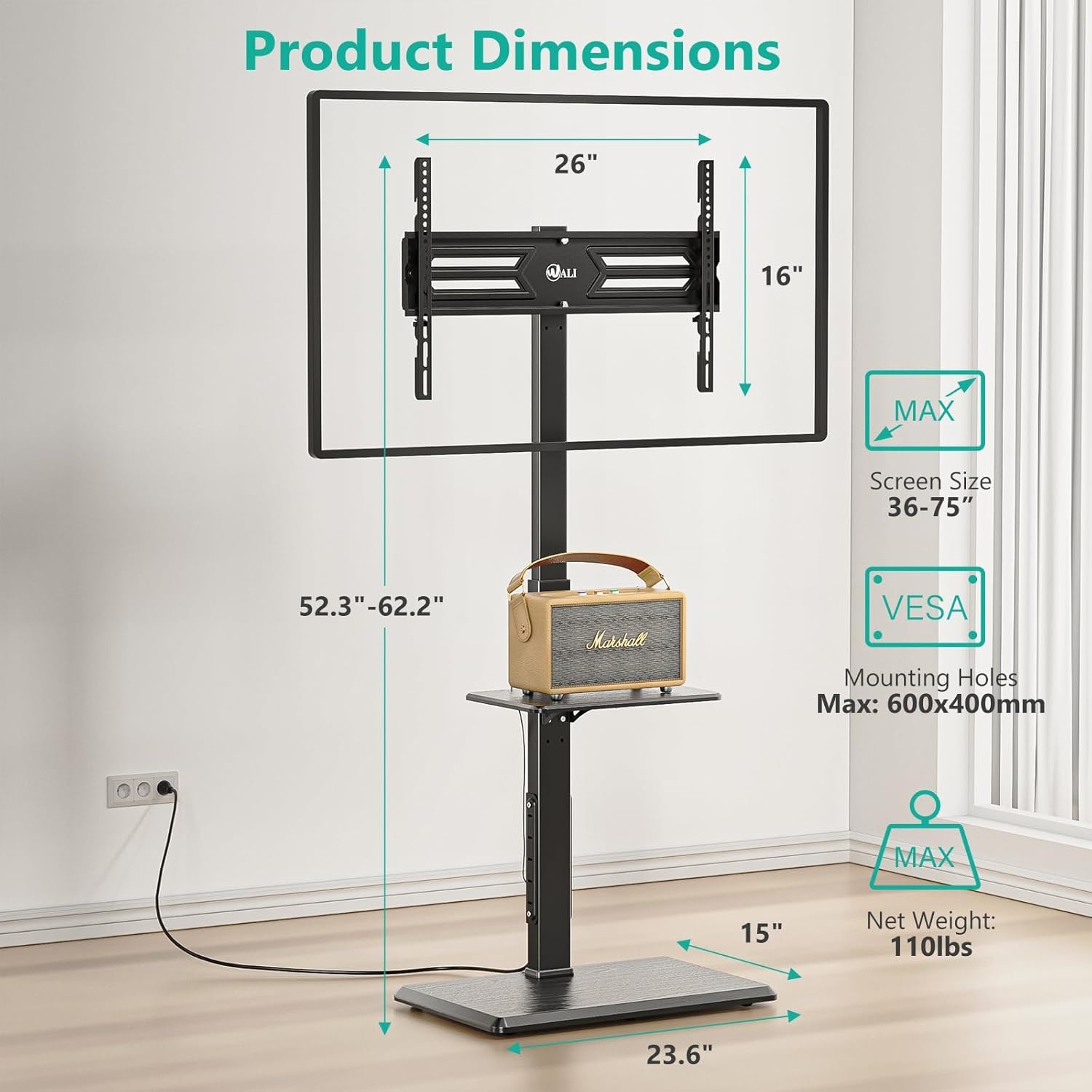 image:imageWALI Floor TV Stand with Power Outlet Tall TV Stand Mount for 3275 inch TV up to 110 lbs Swivel and Height Adjustable TV Stands with Wood Base for Bedroom Living RoomTVDVD7P BlackBlack