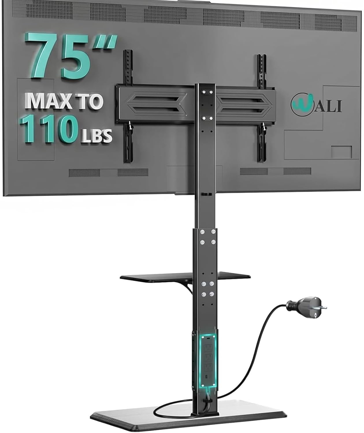 image:imageWALI Floor TV Stand with Power Outlet Tall TV Stand Mount for 3275 inch TV up to 110 lbs Swivel and Height Adjustable TV Stands with Wood Base for Bedroom Living RoomTVDVD7P BlackBlack