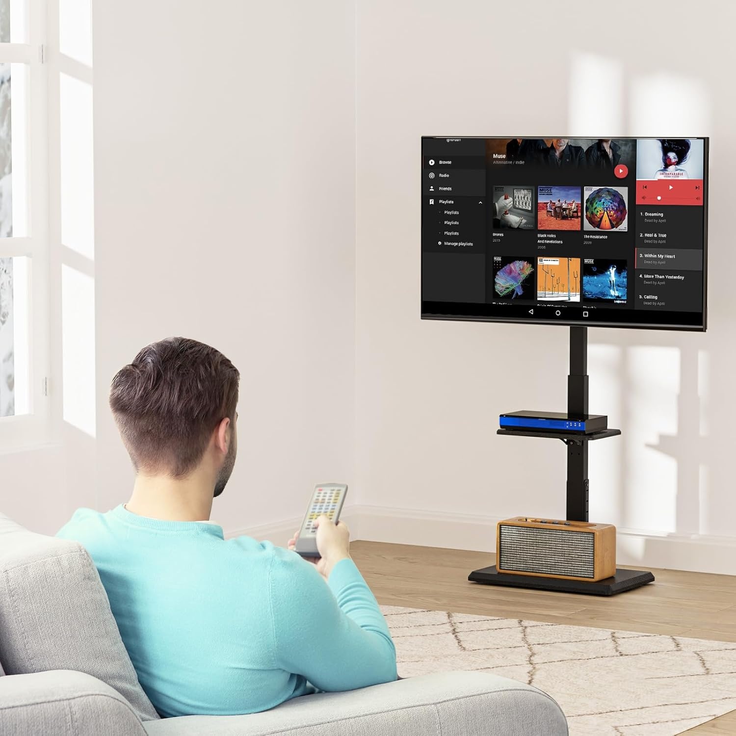 image:imageWALI Floor TV Stand with Power Outlet Tall TV Stand Mount for 3275 inch TV up to 110 lbs Swivel and Height Adjustable TV Stands with Wood Base for Bedroom Living RoomTVDVD7P BlackBlack