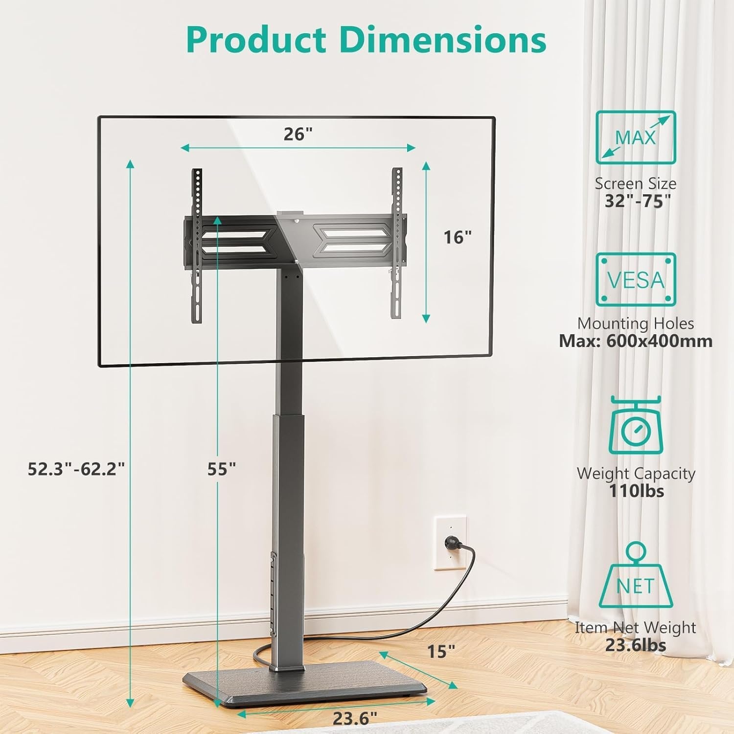 image:imageWALI Floor TV Stand with Power Outlet Tall TV Stand Mount for 3275 inch TV up to 110 lbs Swivel and Height Adjustable TV Stands with Wood Base for Bedroom Living RoomTVDVD7P BlackBlack