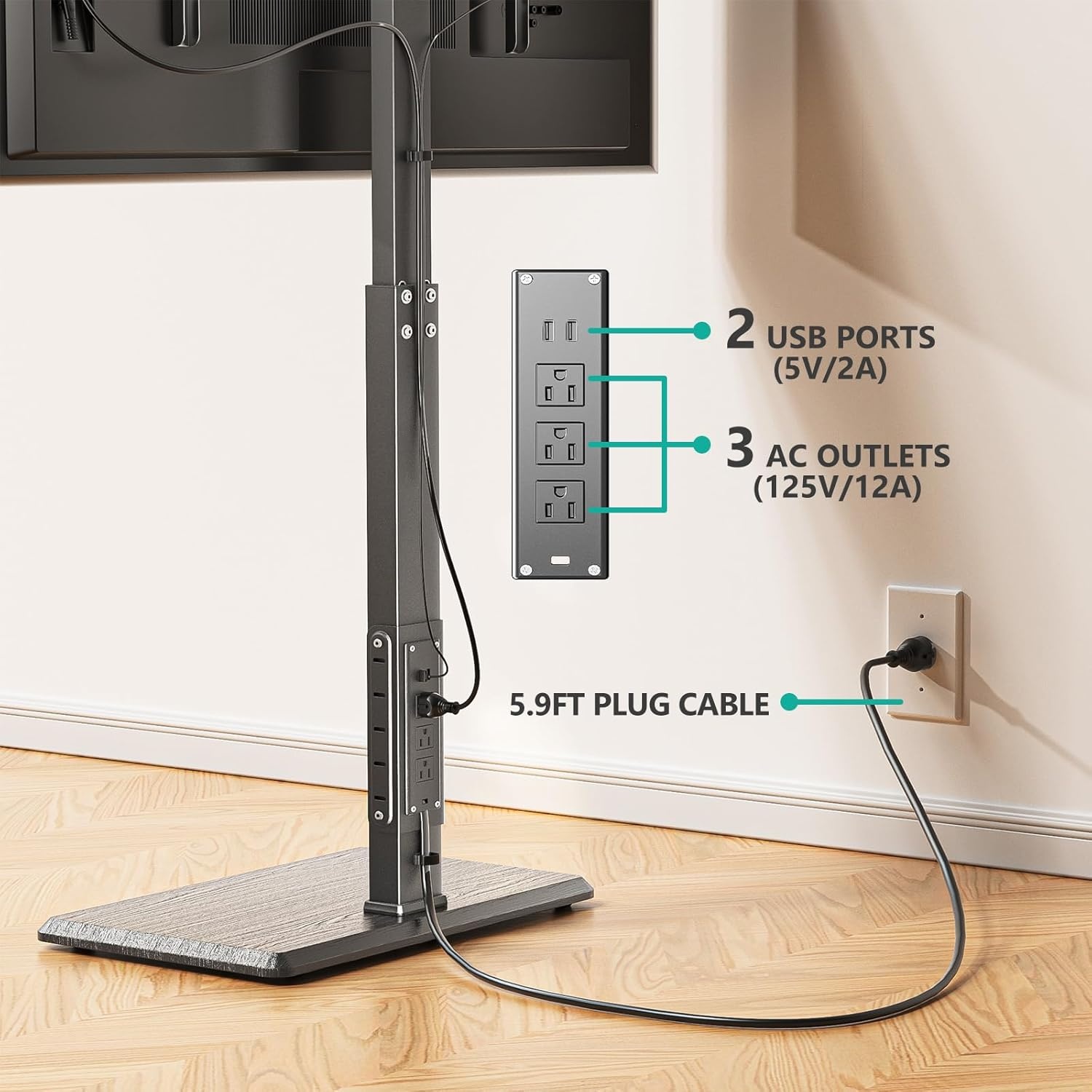 image:imageWALI Floor TV Stand with Power Outlet Tall TV Stand Mount for 3275 inch TV up to 110 lbs Swivel and Height Adjustable TV Stands with Wood Base for Bedroom Living RoomTVDVD7P BlackBlack