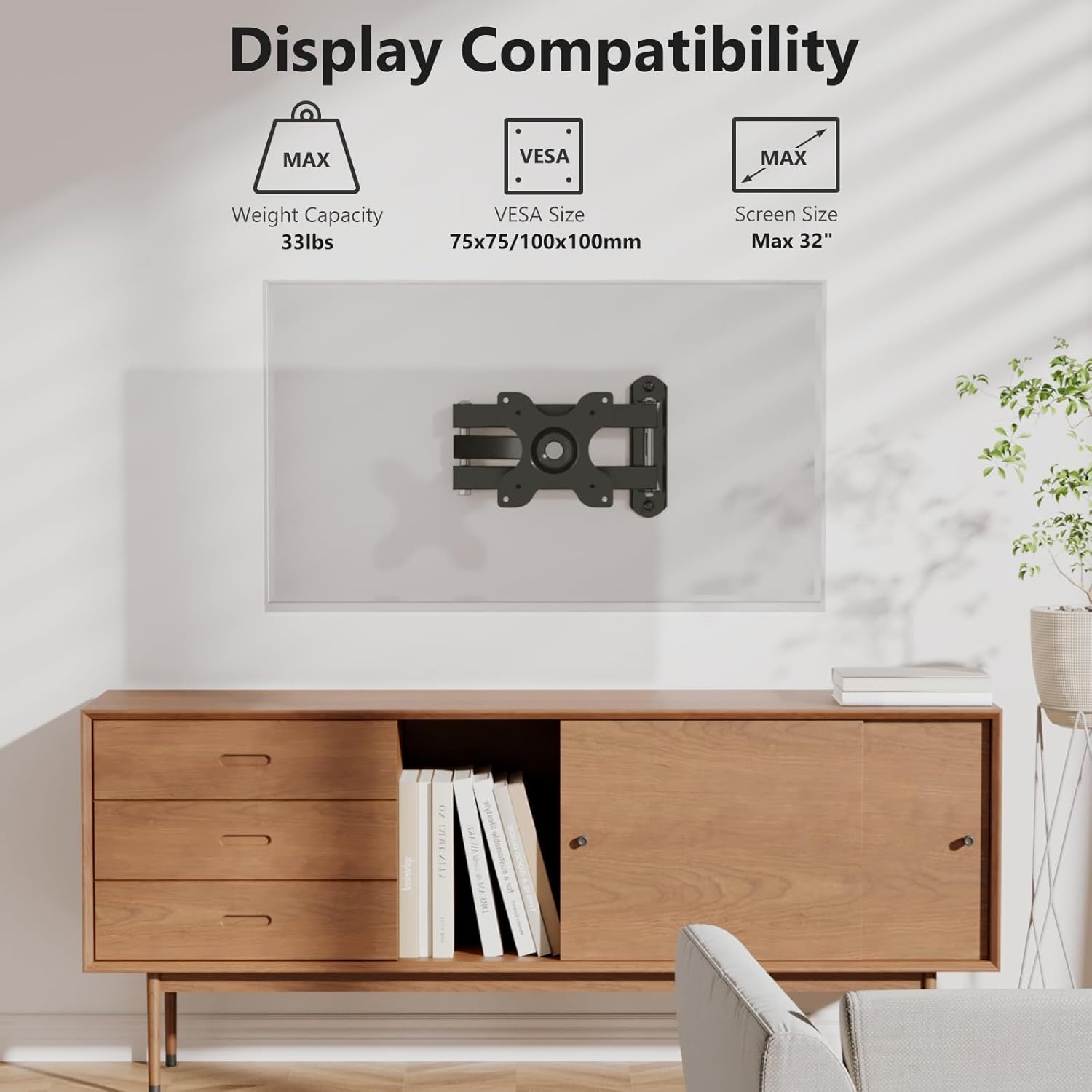 image:imageWALI Full Motion TV Wall Mount for 3270 Inch TVs Dual Articulating Mount with Swivel Tilt amp Extension VESA up to 400x400mm Fits 1216 Wood Studs Holds Up to 88 lbsBlack