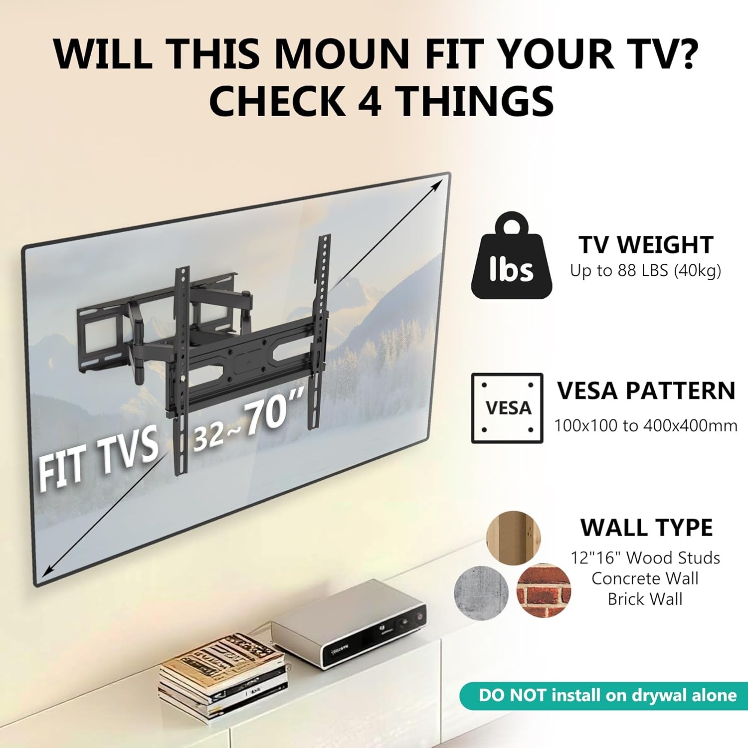 image:imageWALI Full Motion TV Wall Mount for 3270 Inch TVs Dual Articulating Mount with Swivel Tilt amp Extension VESA up to 400x400mm Fits 1216 Wood Studs Holds Up to 88 lbsBlack