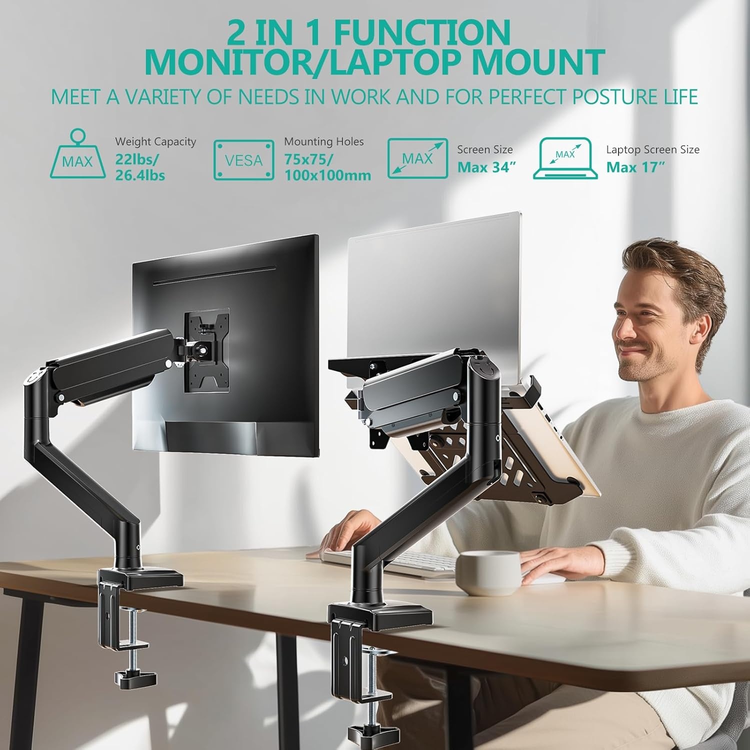 image:imageWALI Laptop Desk Mount for 17 inch Notebook Adjustable Single Monitor Arm with Laptop Holder for 32 inch Screen Laptops Stand with Ventilated Tray Up to 22 lbs M00LP BlackBlack