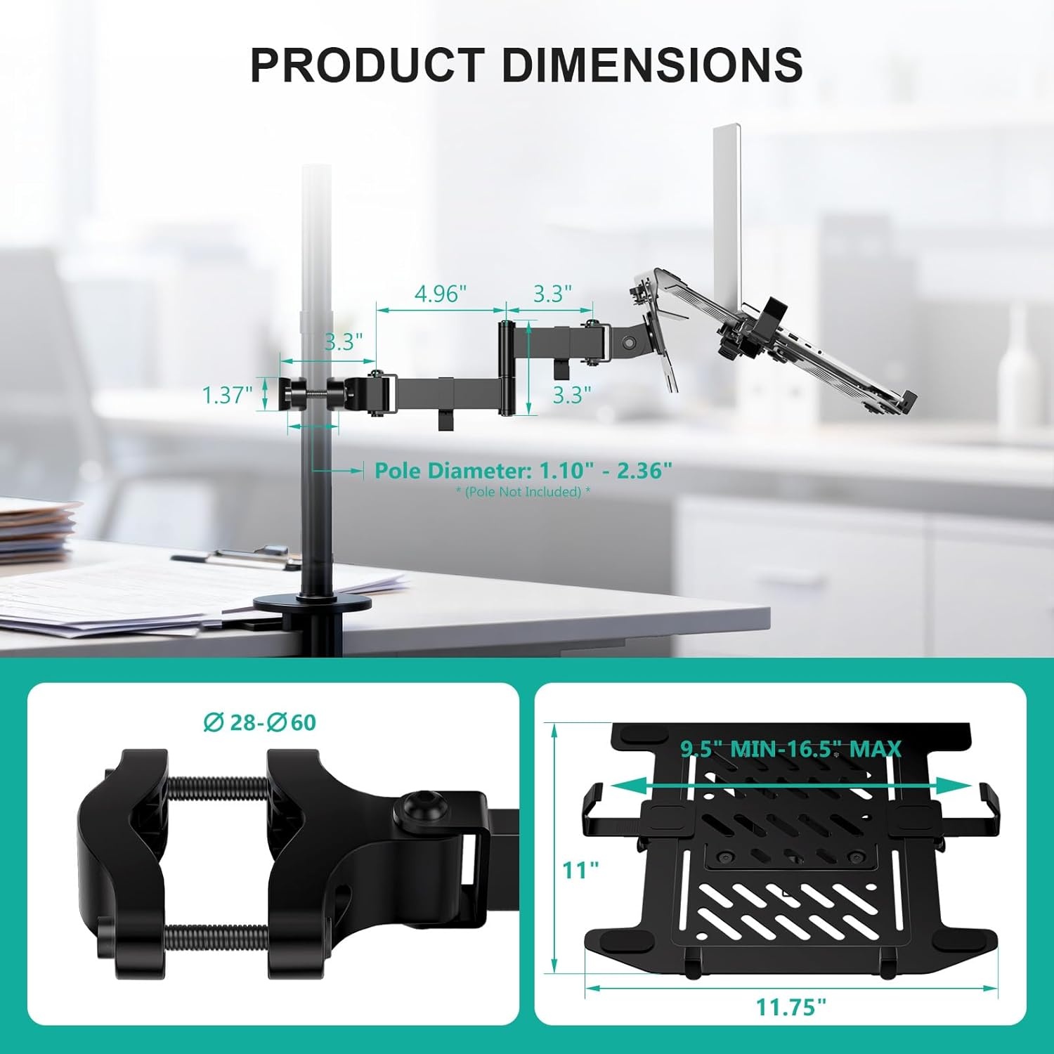 image:imageWALI Laptop Desk Mount for 17 inch Notebook Adjustable Single Monitor Arm with Laptop Holder for 32 inch Screen Laptops Stand with Ventilated Tray Up to 22 lbs M00LP BlackBlack