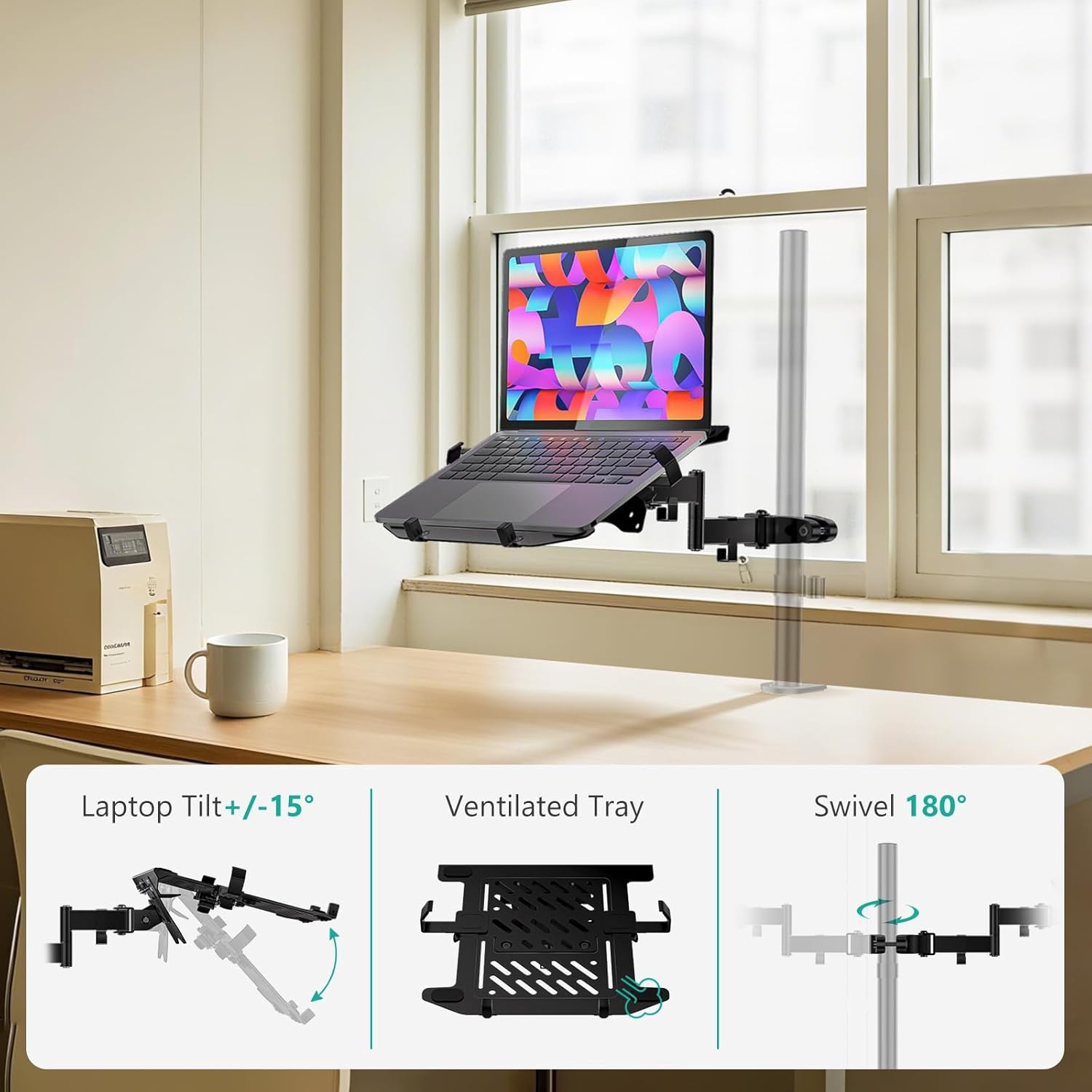 image:imageWALI Laptop Pole Mount Adjustable Laptop Arm Holder Fits 10 to 156 inch Laptops 2in1 Full Motion Monitor Mount with Removable Holder VESA 75x75 or 100x100 mm Holds up to 154lbs011ARMLP Black