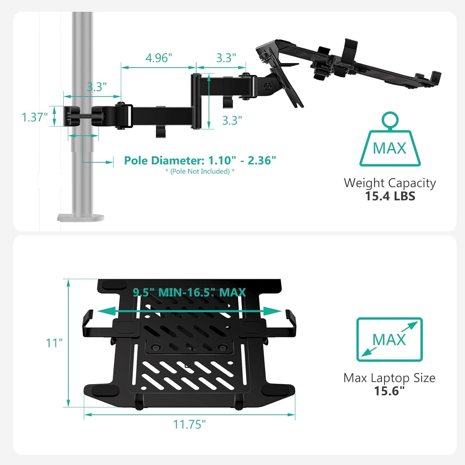 image:imageWALI Laptop Pole Mount Adjustable Laptop Arm Holder Fits 10 to 156 inch Laptops 2in1 Full Motion Monitor Mount with Removable Holder VESA 75x75 or 100x100 mm Holds up to 154lbs011ARMLP Black