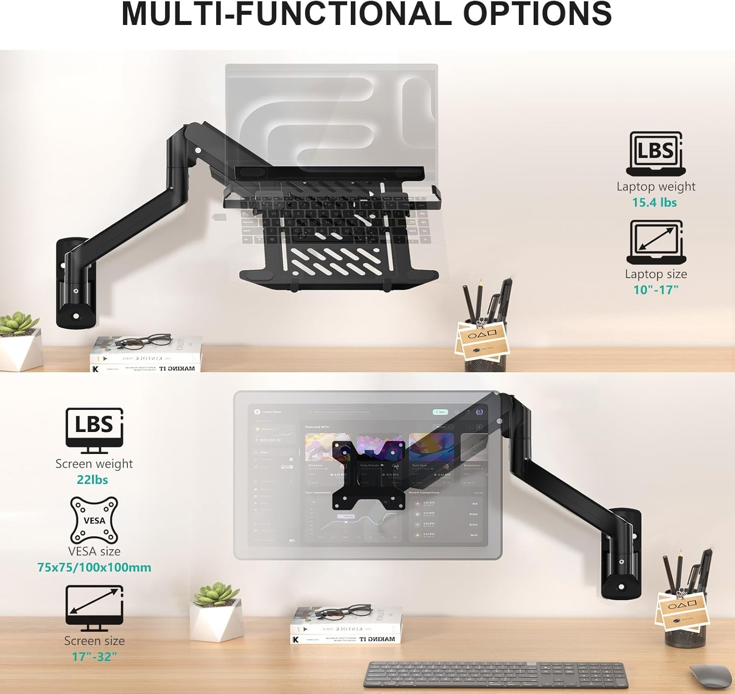 image:imageWALI Laptop Pole Mount Adjustable Laptop Arm Holder Fits 10156 Laptops 2in1 Full Motion Monitor Mount with Removable Tray VESA 75x75 or 100x100 mm Holds up to 154lbs011ARMLPN BlackBlack