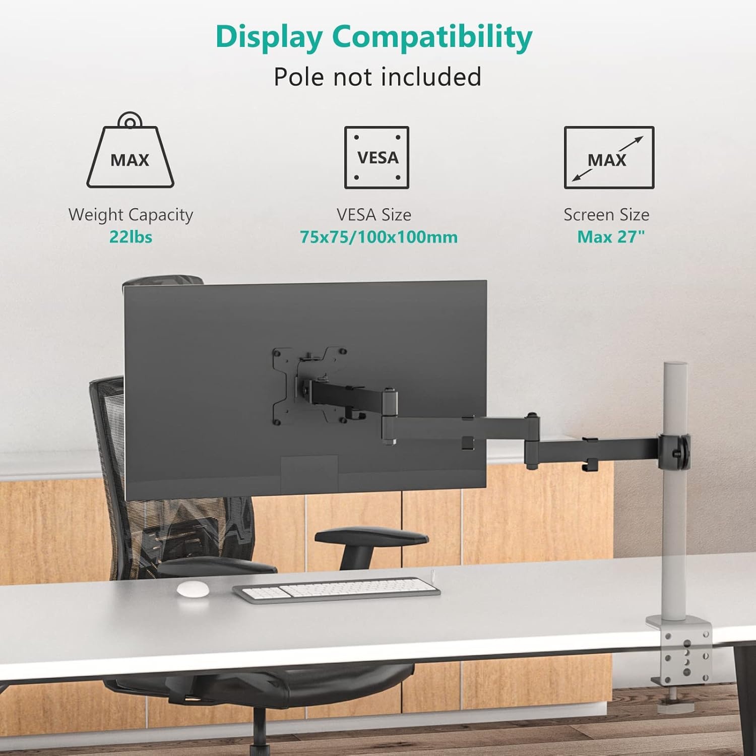image:imageWALI Single Monitor Arm Universal 3 Tier Arm Fully Adjustable Pole Mount Bracket for WALI Monitor Mounting System 001ARMXL Black