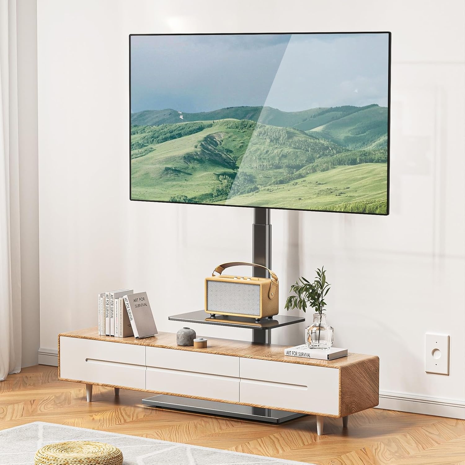 image:imageWALI TV Floor Stand for 3270inch TVs up to 88lbs Universal Floor TV Stand Mount Swivel and Height Adjustable Tall TV Stand with Tempered Glass Base and Shelf for Living RoomBedroomOfficeTVDVD6