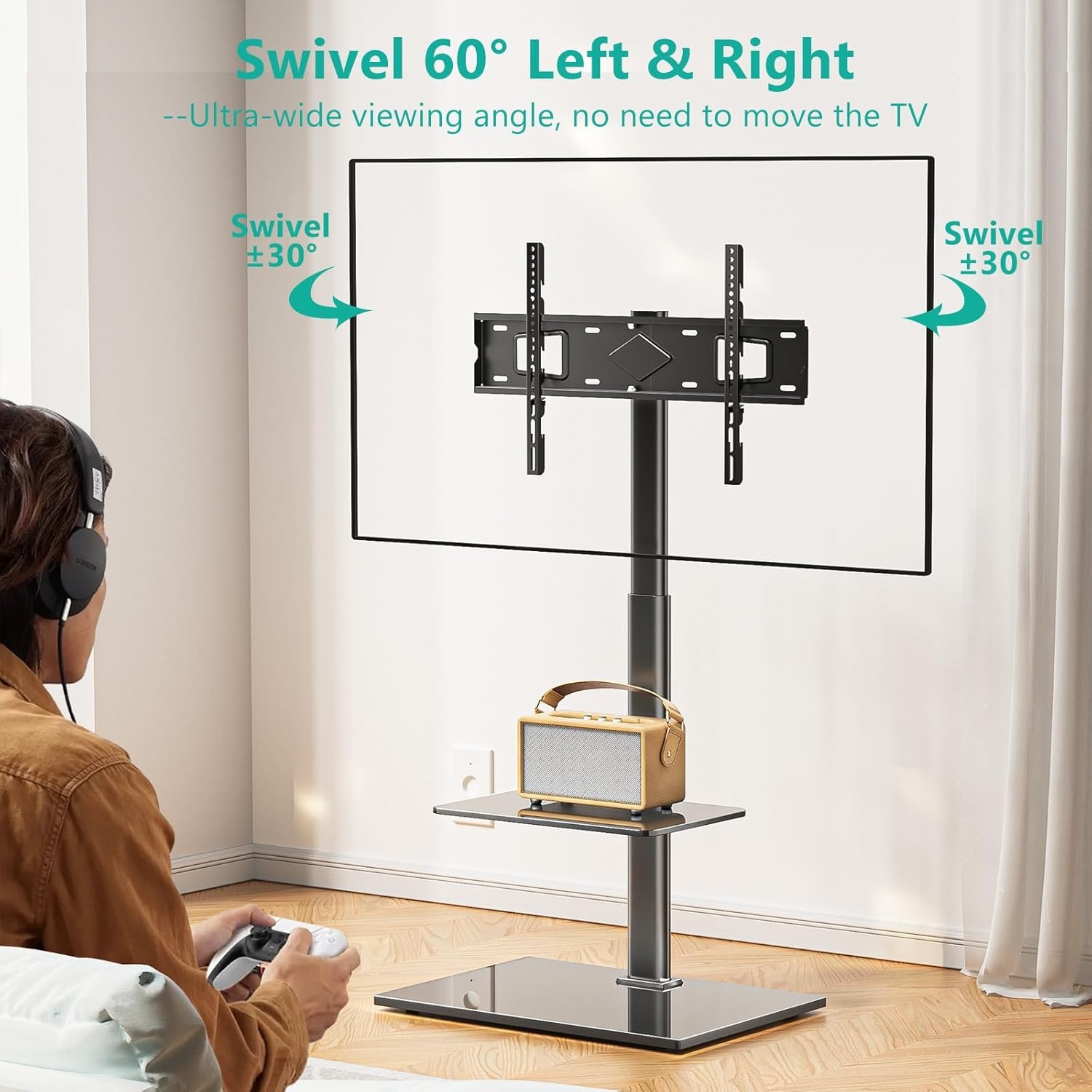 image:imageWALI TV Floor Stand for 3270inch TVs up to 88lbs Universal Floor TV Stand Mount Swivel and Height Adjustable Tall TV Stand with Tempered Glass Base and Shelf for Living RoomBedroomOfficeTVDVD6