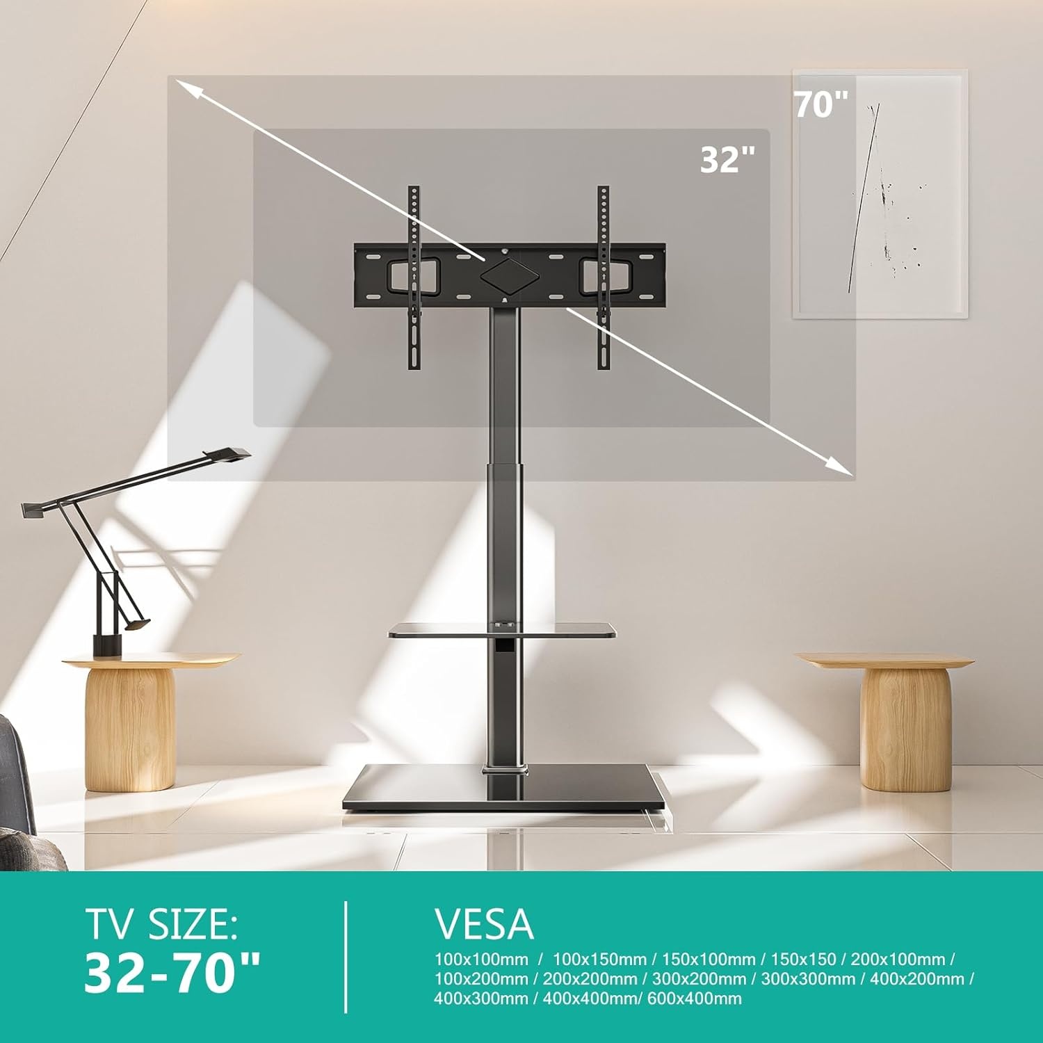 image:imageWALI TV Floor Stand for 3270inch TVs up to 88lbs Universal Floor TV Stand Mount Swivel and Height Adjustable Tall TV Stand with Tempered Glass Base and Shelf for Living RoomBedroomOfficeTVDVD6