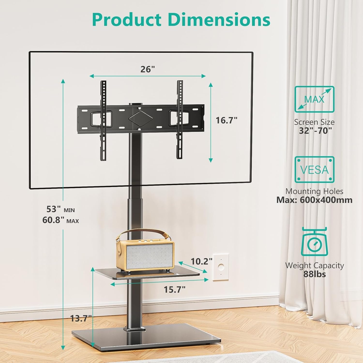 image:imageWALI TV Floor Stand for 3270inch TVs up to 88lbs Universal Floor TV Stand Mount Swivel and Height Adjustable Tall TV Stand with Tempered Glass Base and Shelf for Living RoomBedroomOfficeTVDVD6