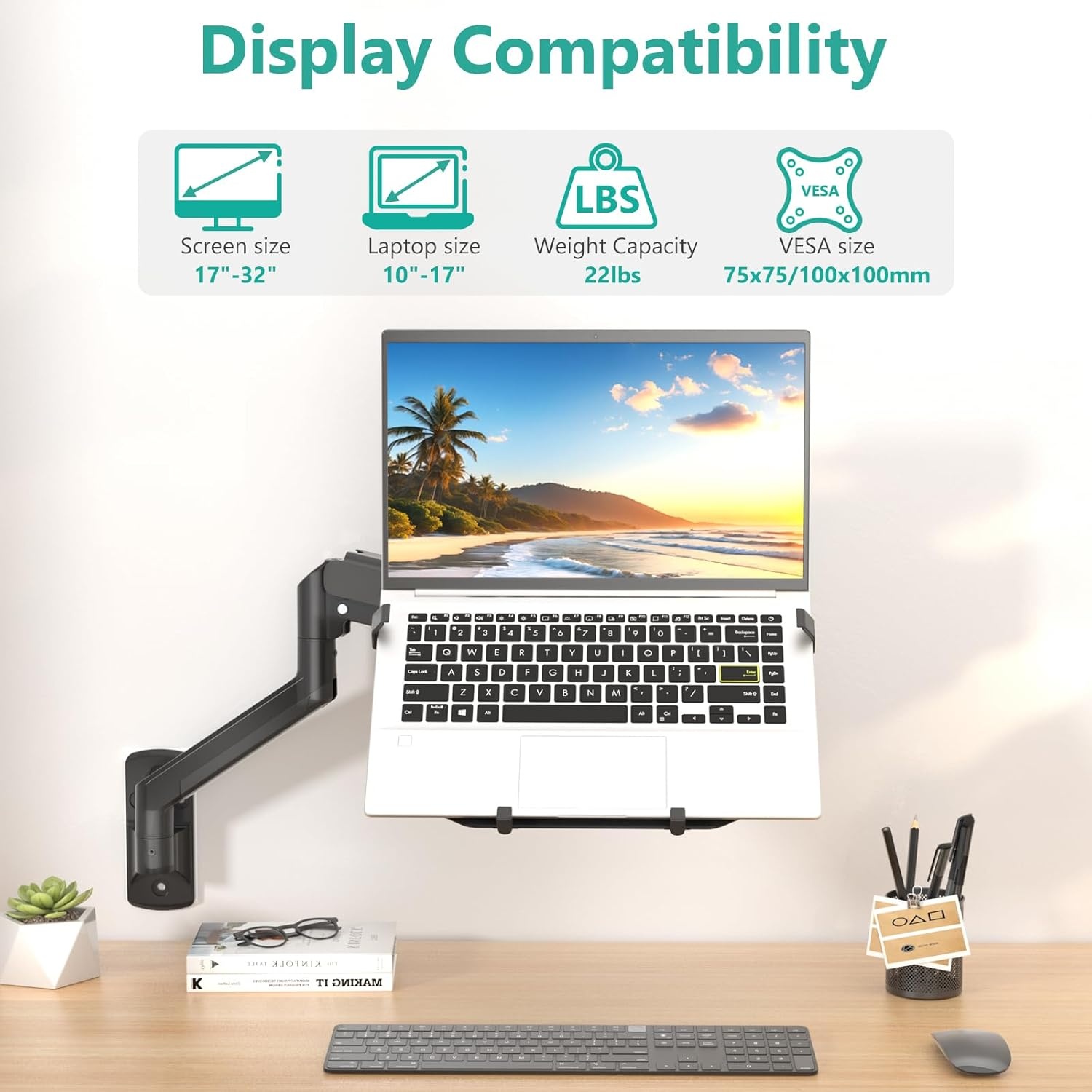 image:imageWALI Triple Arm Laptop and Dual Monitor Desk Mount for 17 Notebook and Up to 27 Screens Extra Tall Adjustable Monitor Stand with Laptop Tray VESA 75x75 100x100 Black M002XLLPWidth 165 Fully Adjustable Wall Mount