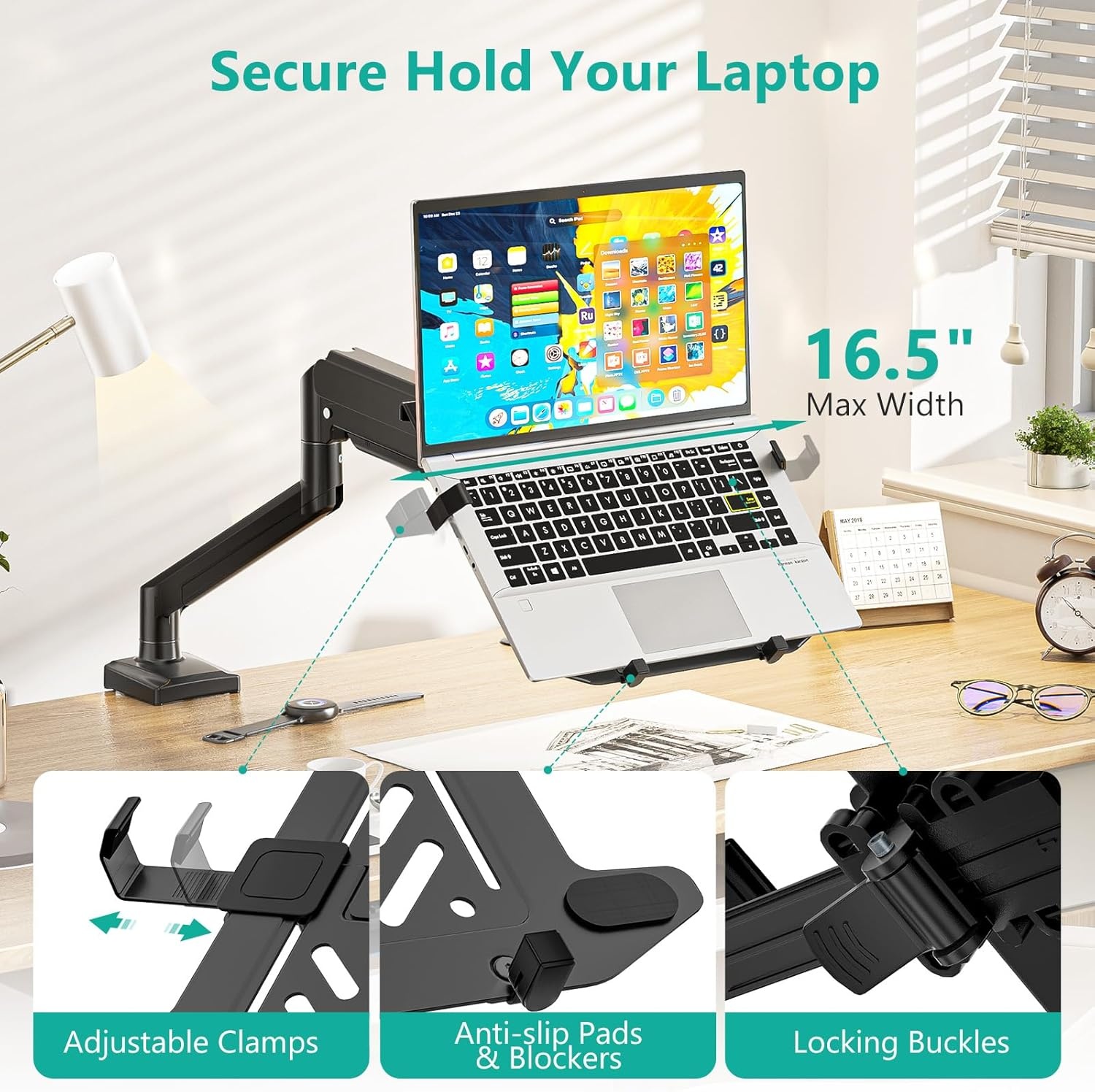 image:imageWALI Triple Arm Laptop and Dual Monitor Desk Mount for 17 Notebook and Up to 27 Screens Extra Tall Adjustable Monitor Stand with Laptop Tray VESA 75x75 100x100 Black M002XLLPWidth 165 Fully Adjustable Desk Mount