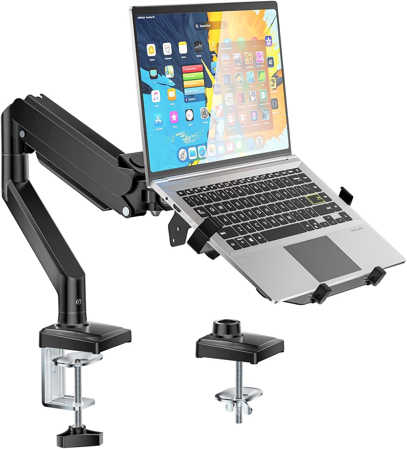 image:imageWALI Triple Arm Laptop and Dual Monitor Desk Mount for 17 Notebook and Up to 27 Screens Extra Tall Adjustable Monitor Stand with Laptop Tray VESA 75x75 100x100 Black M002XLLPWidth 165 Fully Adjustable Desk Mount