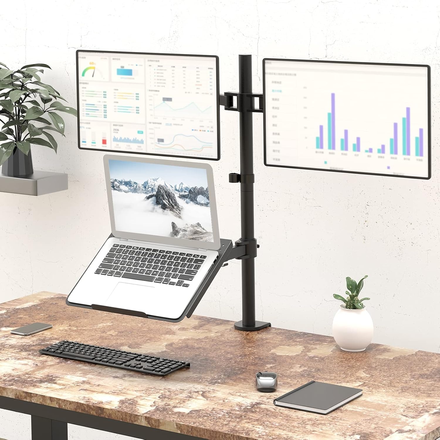 image:imageWALI Triple Arm Laptop and Dual Monitor Desk Mount for 17 Notebook and Up to 27 Screens Extra Tall Adjustable Monitor Stand with Laptop Tray VESA 75x75 100x100 Black M002XLLPWidth 14 Adjustable Desk Mount
