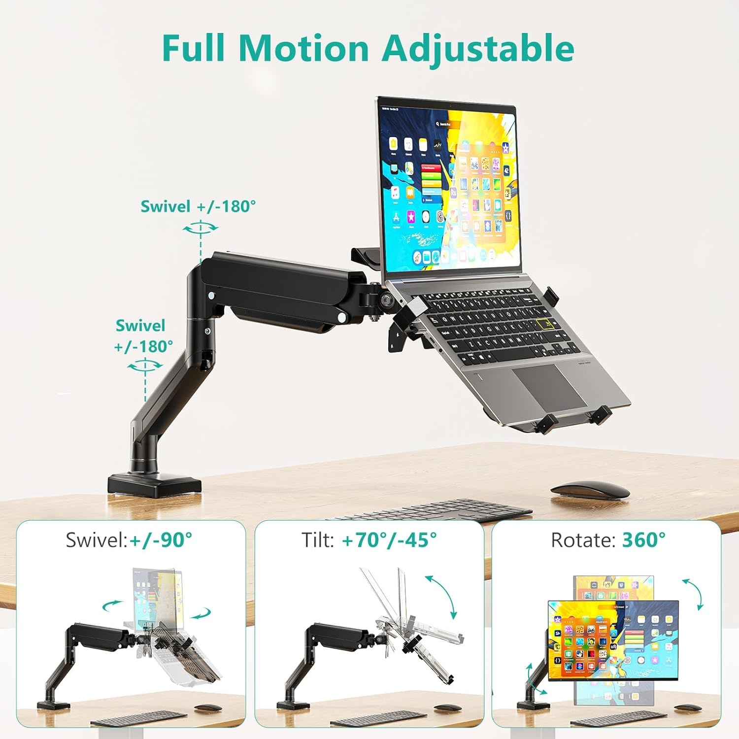 image:imageWALI Triple Arm Laptop and Dual Monitor Desk Mount for 17 Notebook and Up to 27 Screens Extra Tall Adjustable Monitor Stand with Laptop Tray VESA 75x75 100x100 Black M002XLLPWidth 165 Fully Adjustable Desk Mount