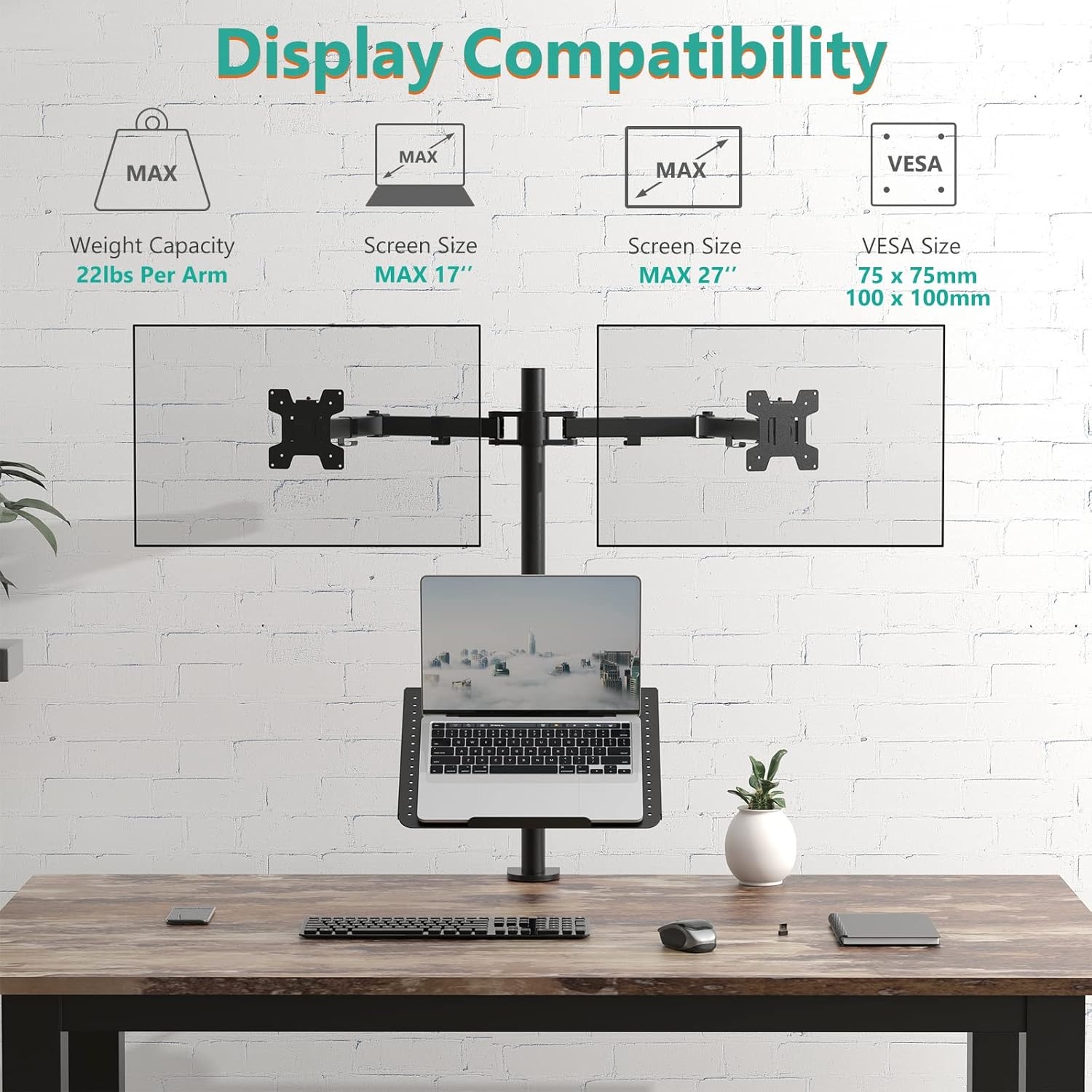 image:imageWALI Triple Arm Laptop and Dual Monitor Desk Mount for 17 Notebook and Up to 27 Screens Extra Tall Adjustable Monitor Stand with Laptop Tray VESA 75x75 100x100 Black M002XLLPWidth 14 Adjustable Desk Mount